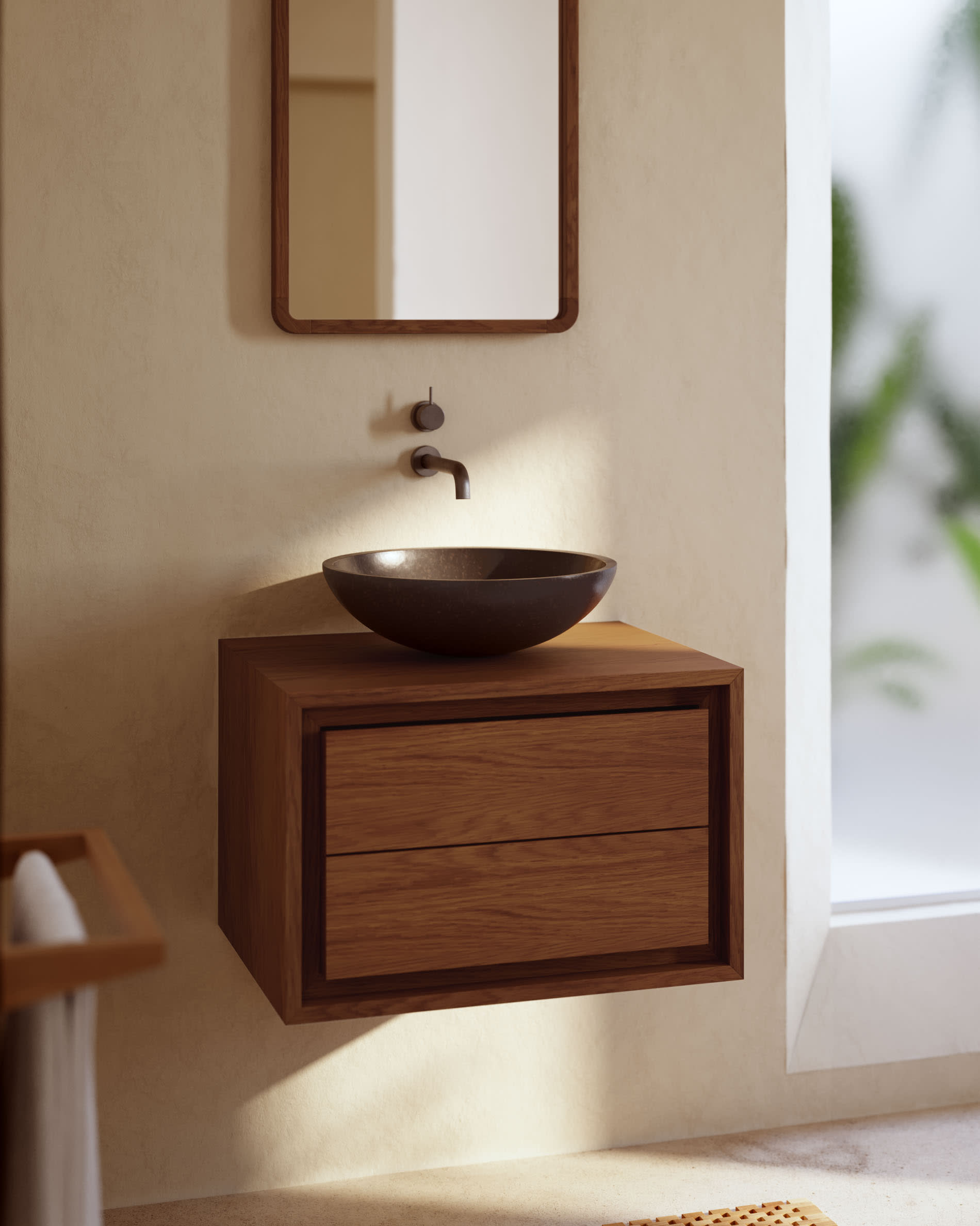 Elegantes Badezimmermöbel aus massivem Teakholz mit edlem Nussholzfinish, 60x45 cm, von Kave Home, ideal für stilvolle Bäder.