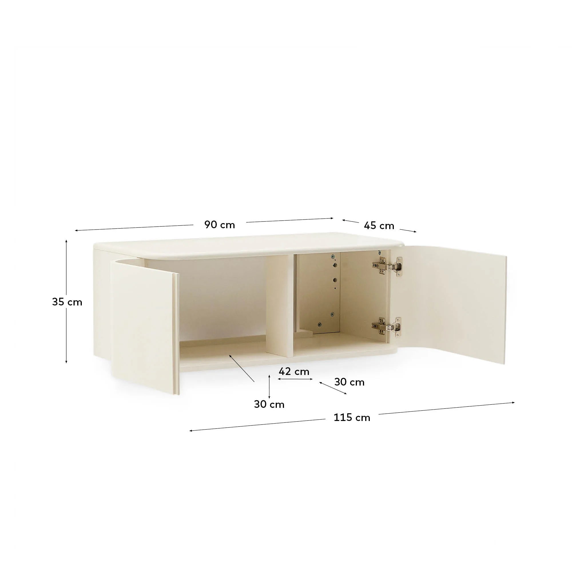Das stilvolle Badezimmermöbel Salaya von Kave Home, 90x45 cm, aus Eschenschichtholz mit beiger Lackierung, bietet Funktionalität und Eleganz.