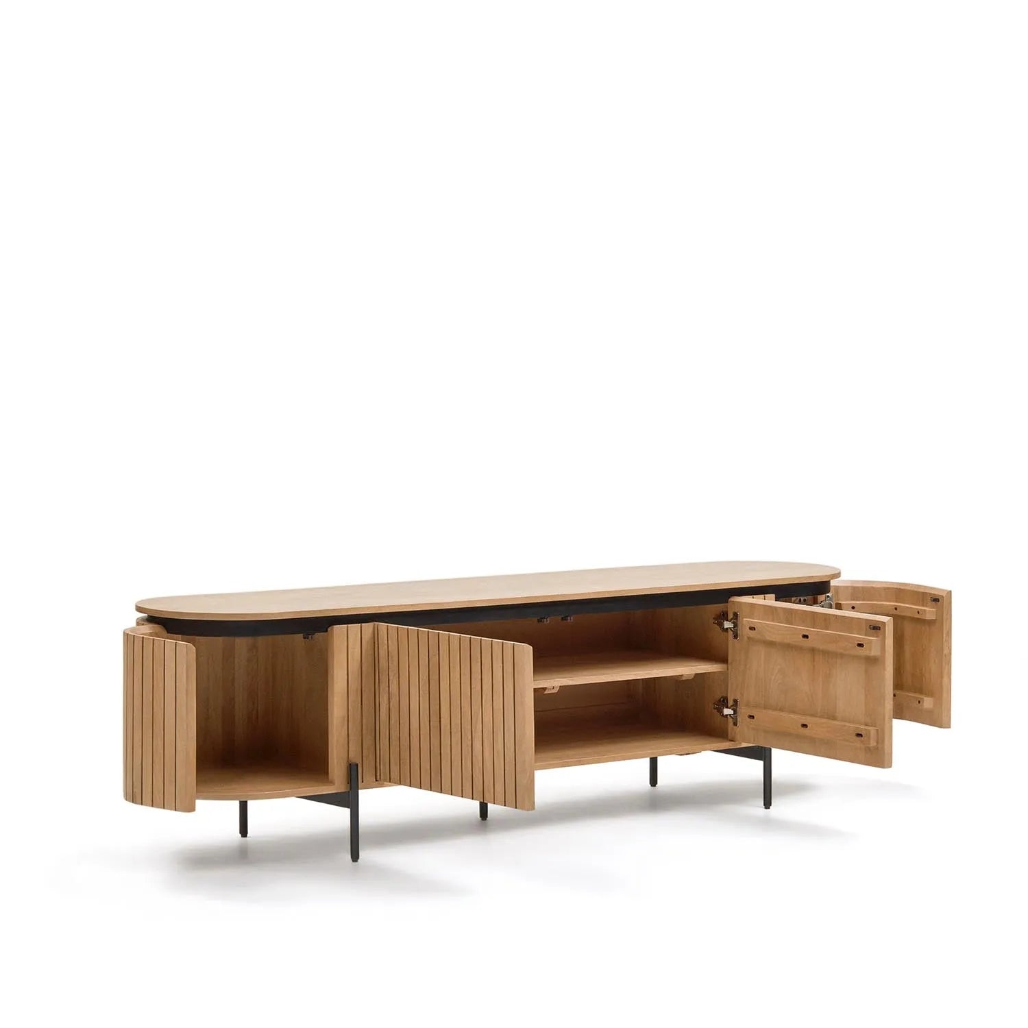 Licia TV-Möbel 4 Türen aus massivem Mangoholz und schwarz lackiertem Metall 200 x 55 cm in Natur präsentiert im Onlineshop von KAQTU Design AG. Sideboard ist von Kave Home