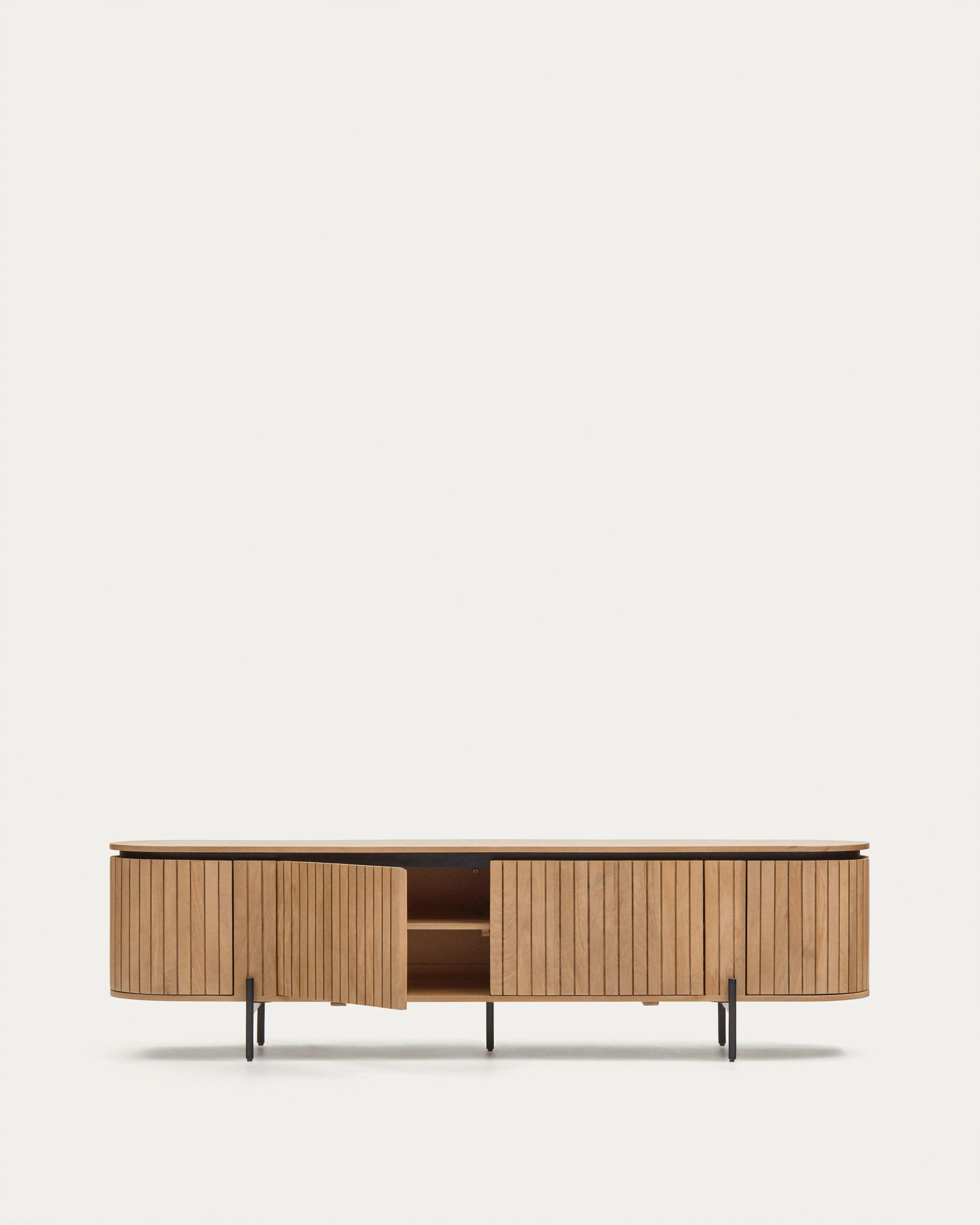 Elegantes TV-Möbel aus Mangoholz und Metall, 200x55 cm, Kave Home.