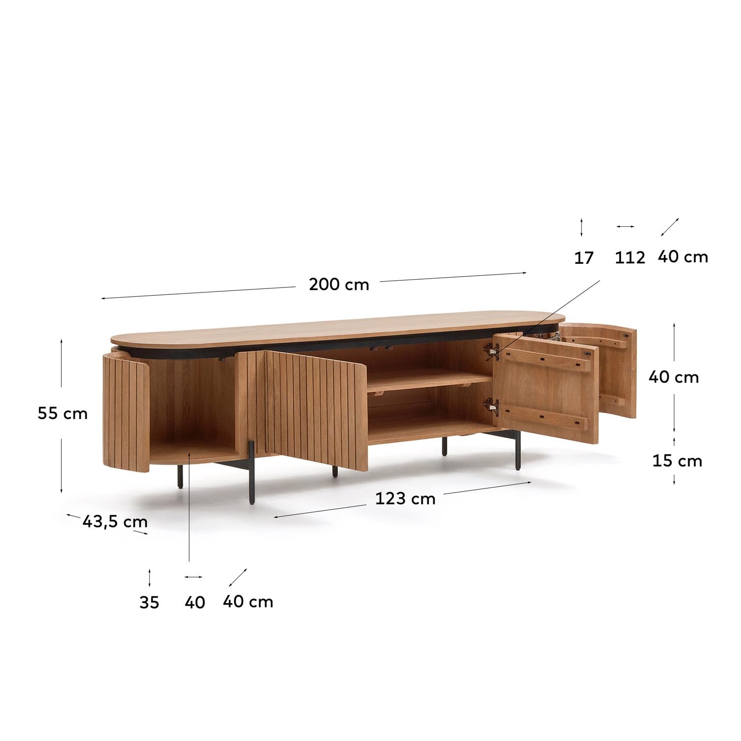 Stilvolles TV-Möbel aus massivem Mangoholz und modernem Metall, 200 x 55 cm, ideal für elegantes Wohnen mit praktischem Stauraum.