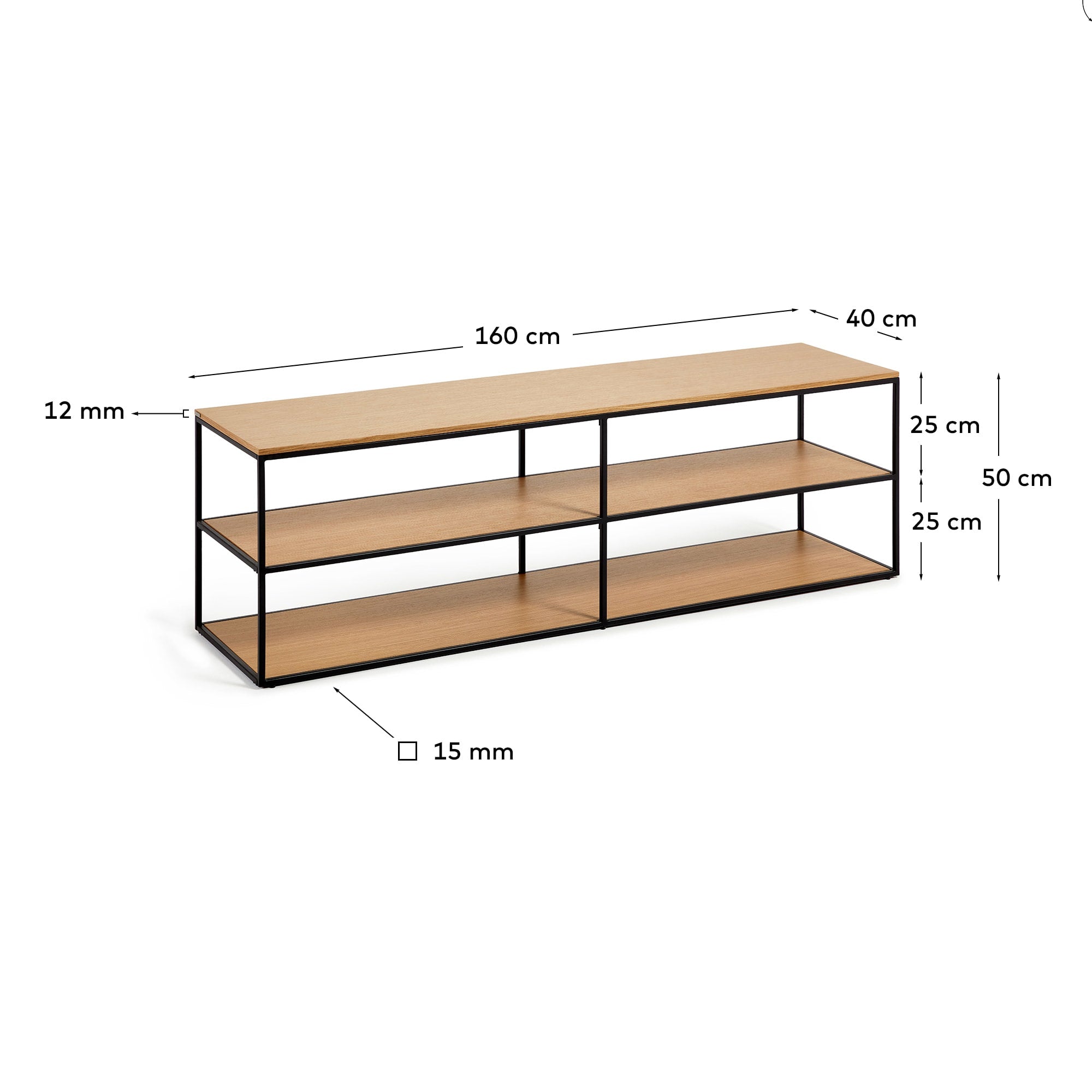 Elegantes TV-Möbel Yoana, 160x40 cm, aus Eichenfurnier und schwarzem Metall, ideal für moderne Wohnräume und stilvolle Einrichtung.