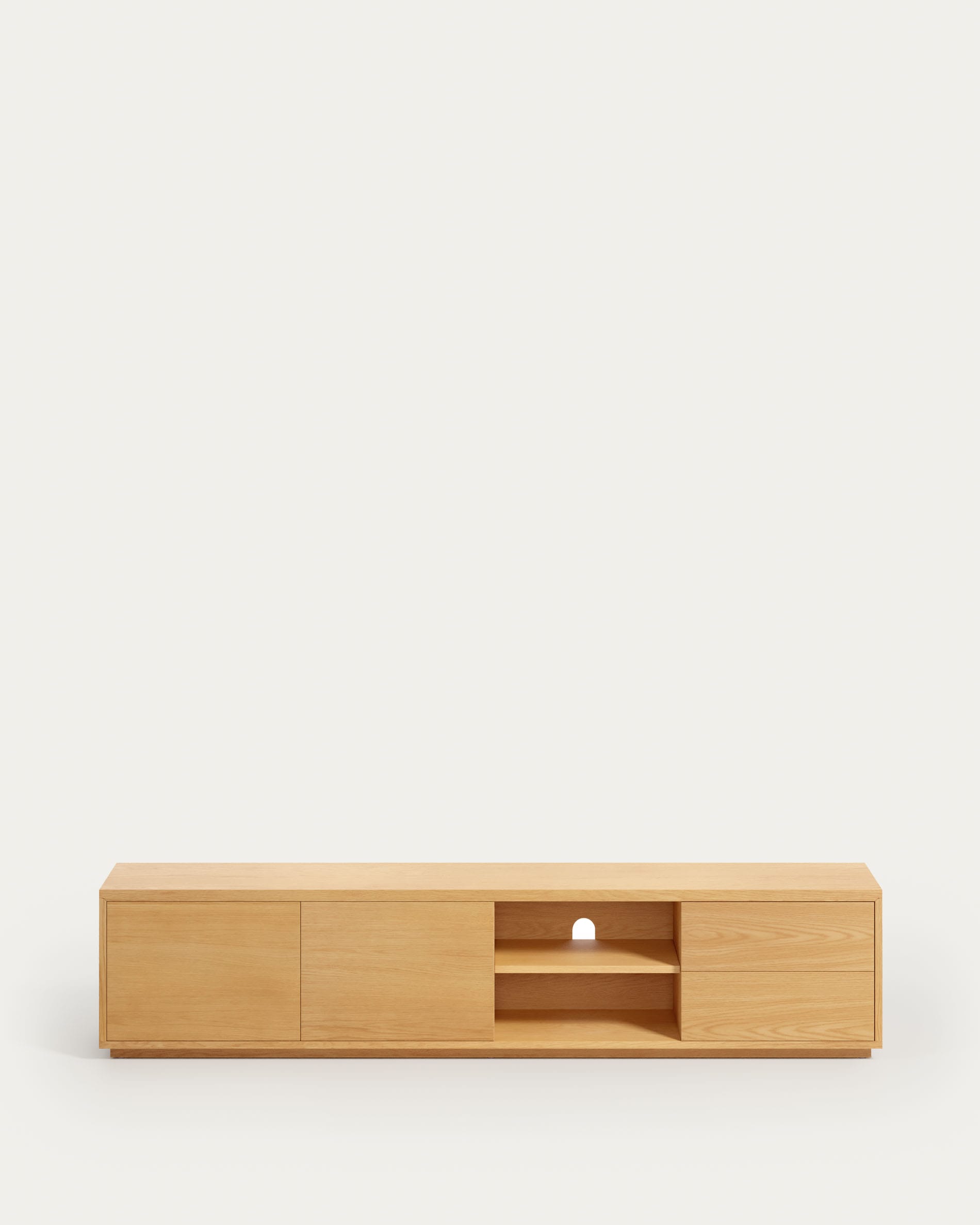 3D-Modell des Abilen TV-Schranks: 2 Türen, 2 Schubladen, Eichenfurnier, umweltfreundliches MDF, von Kave Home.