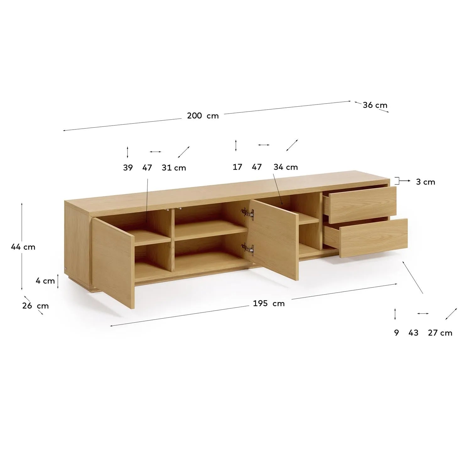 Abilen TV-Schrank 2 Türen und 2 Schubladen aus Eichenfurnier 200 x 44 cm FSC 100% in Natur präsentiert im Onlineshop von KAQTU Design AG. Sideboard ist von Kave Home