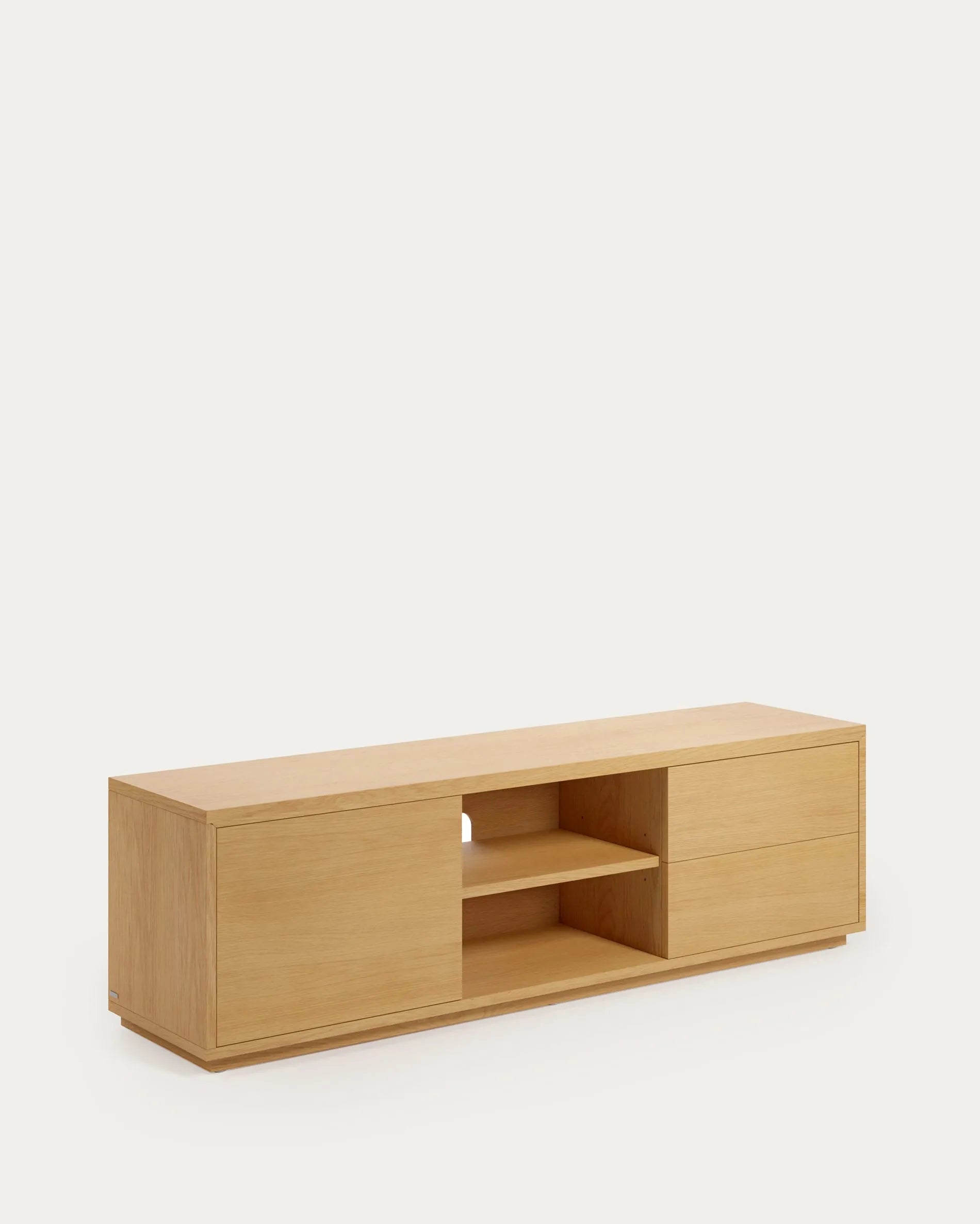 Eleganter TV-Schrank aus Eichenfurnier mit 1 Tür, 2 Schubladen, FSC-zertifiziert, 150x44 cm, von Kave Home.