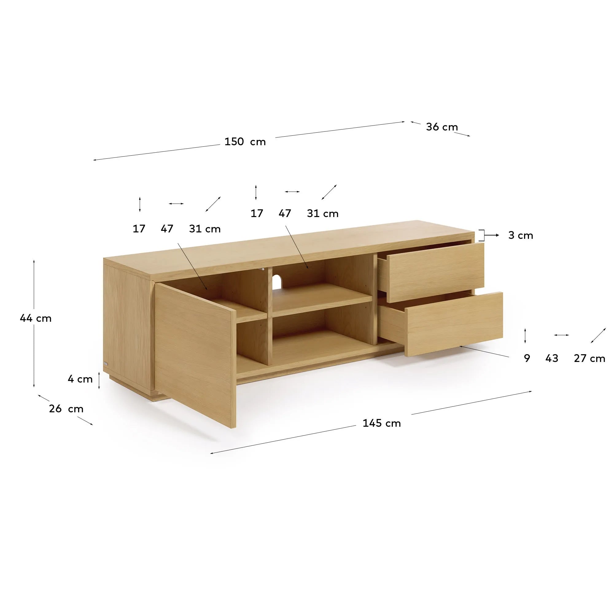 Eleganter TV-Schrank aus Eichenfurnier mit 1 Tür, 2 Schubladen, FSC-zertifiziert, 150x44 cm, von Kave Home.