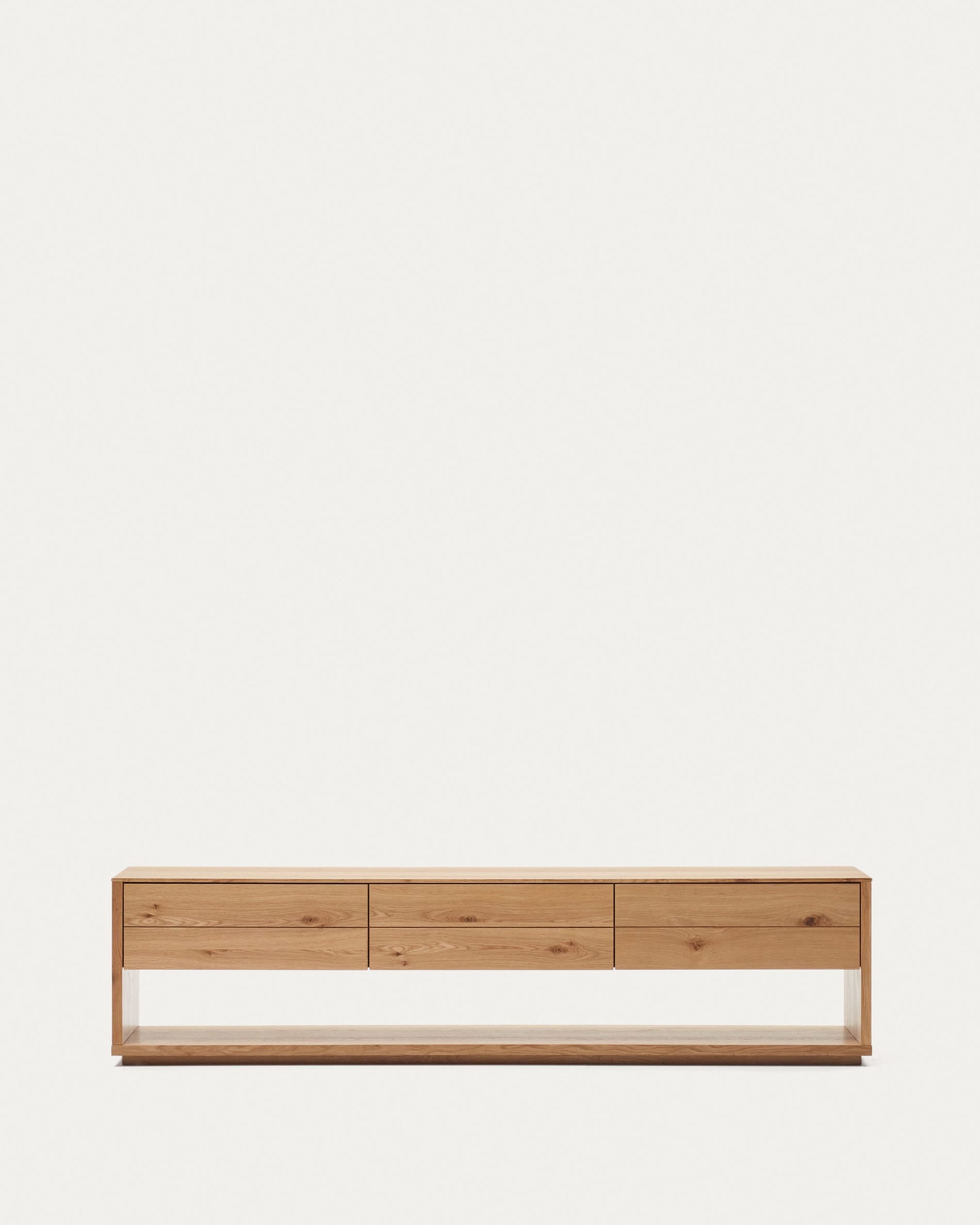 3D-Modell: Elegantes TV-Möbel Alguema, Eichenfurnier, 3 Schubladen, 200x51 cm, stilvoll und funktional für modernes Wohnen.