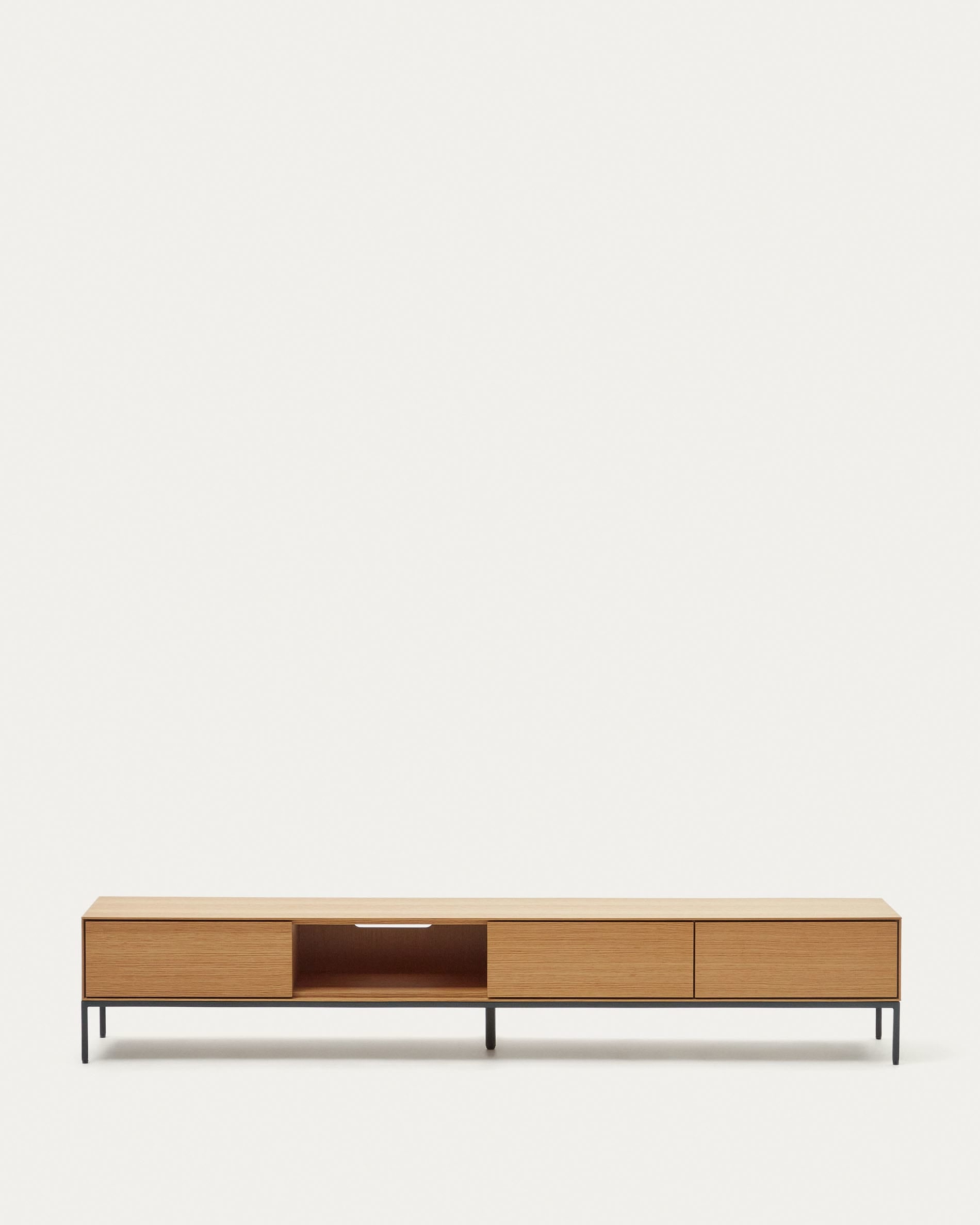 3D-Modell des Vedrana TV-Schranks: Eichenfurnier, 3 Schubladen, schwarze Stahlbeine, 195x35 cm, stilvoll und funktional.