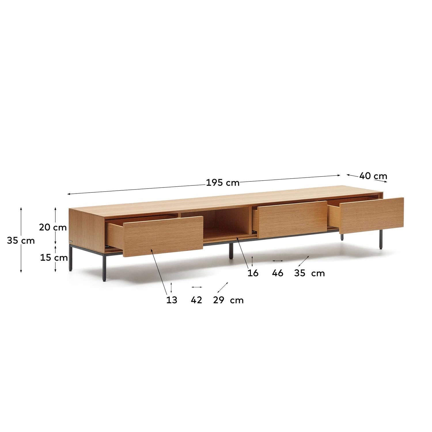 Eleganter Vedrana TV-Schrank mit 3 Schubladen aus Eichenfurnier und stabilen Stahlbeinen in Schwarz. Ideal für stilvolle Wohnräume.