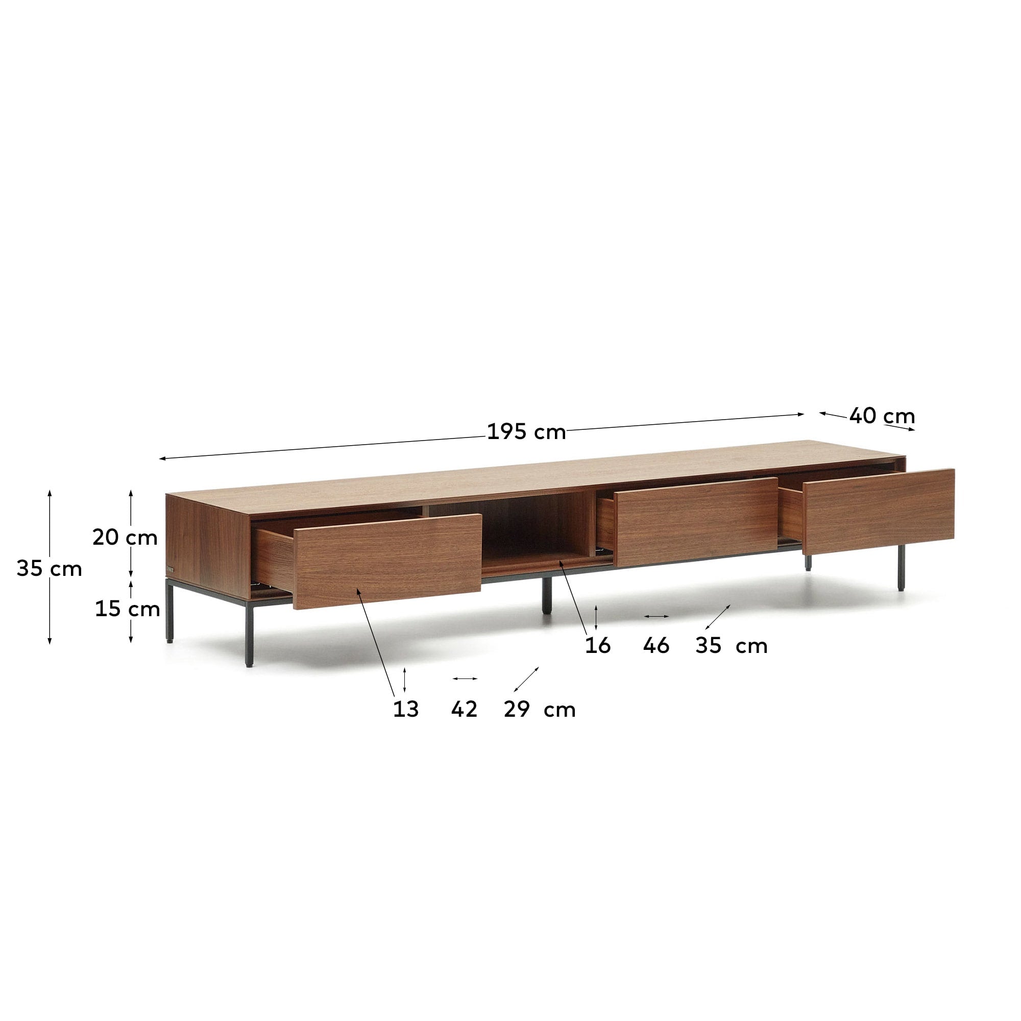 Moderner TV-Schrank aus edlem Nussholzfurnier mit 3 praktischen Schubladen und robusten Stahlbeinen in Schwarz. Perfekt für jedes Zuhause.