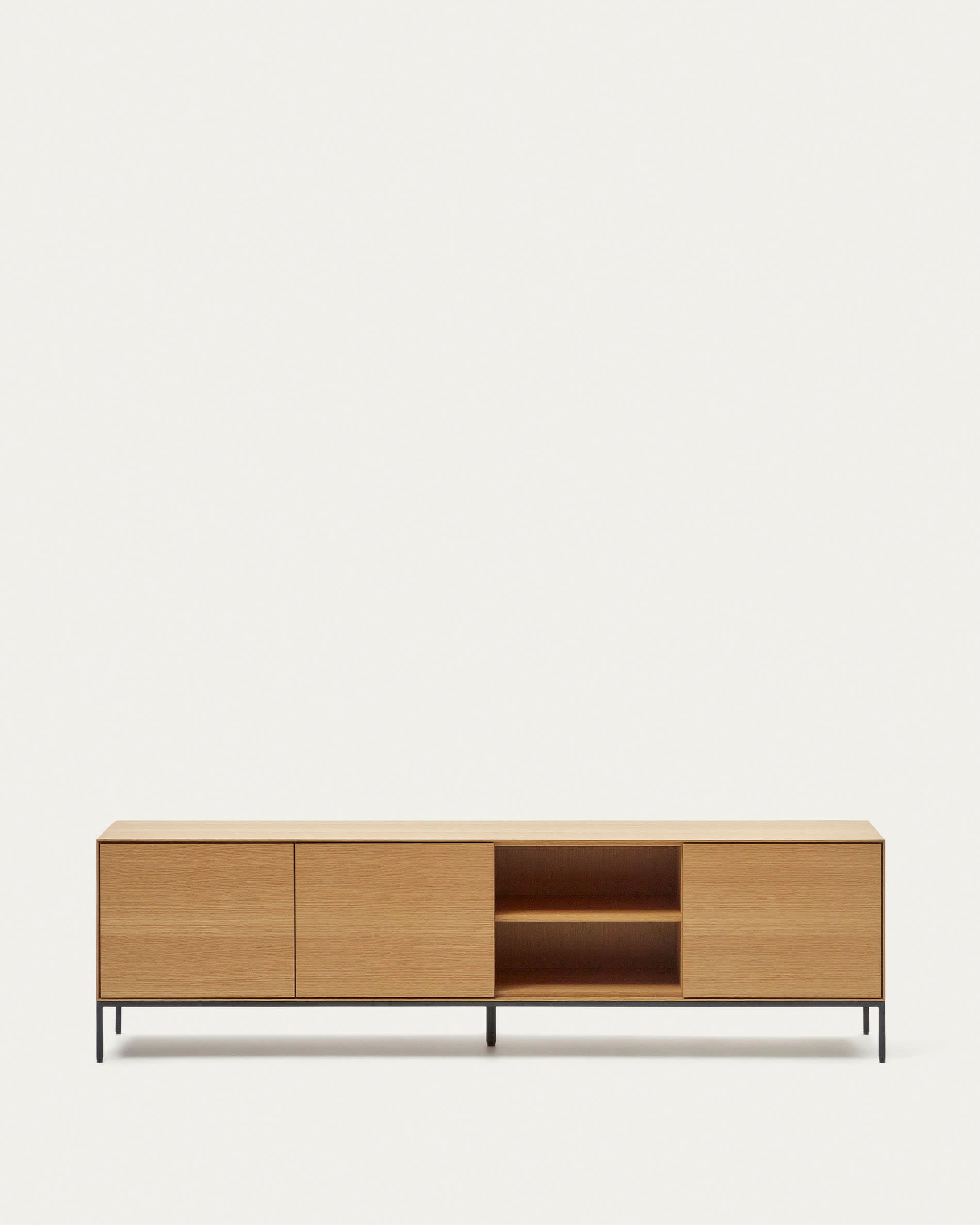3D-Modell: Moderner TV-Schrank Vedrana, Eichenfurnier, schwarze Stahlbeine, 3 Türen, 195x55cm, stilvoller Stauraum.