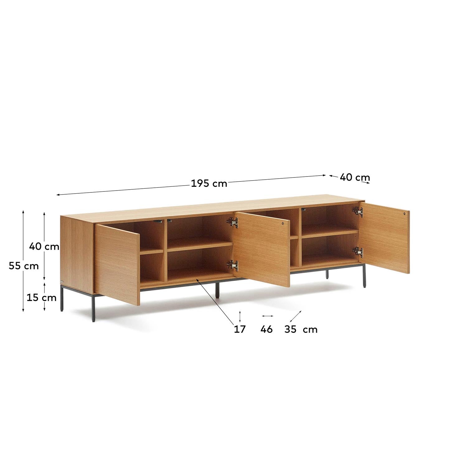 Moderner TV-Schrank Vedrana mit 3 Türen aus hochwertigem Eichenfurnier und stabilen Stahlbeinen in Schwarz. Ideal für stilvolle Wohnzimmer.