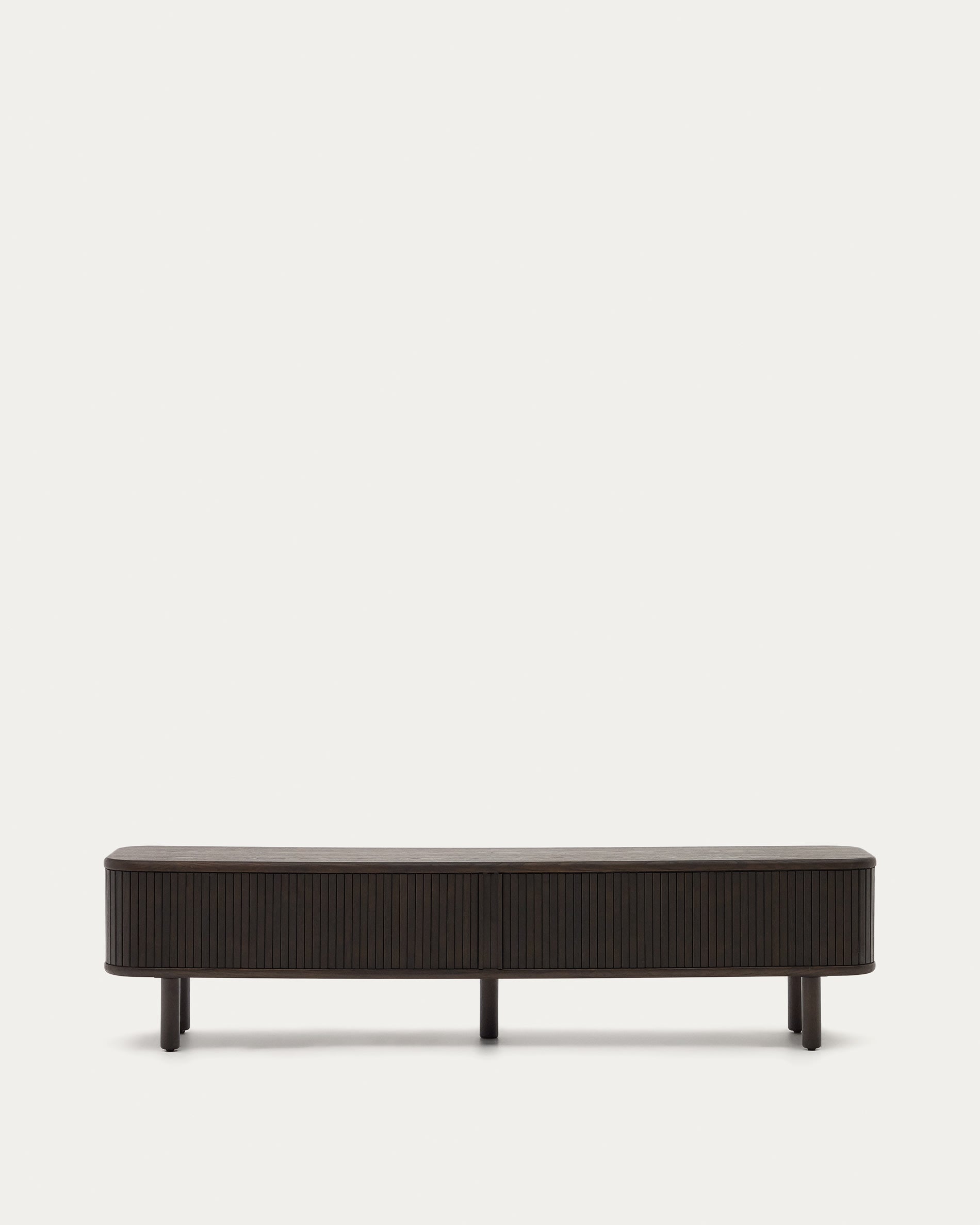 Elegantes TV-Möbel aus Eschenfurnier, dunkles Finish, 200x50cm, Schiebetüren mit Holzlamellen, modern und stilvoll.