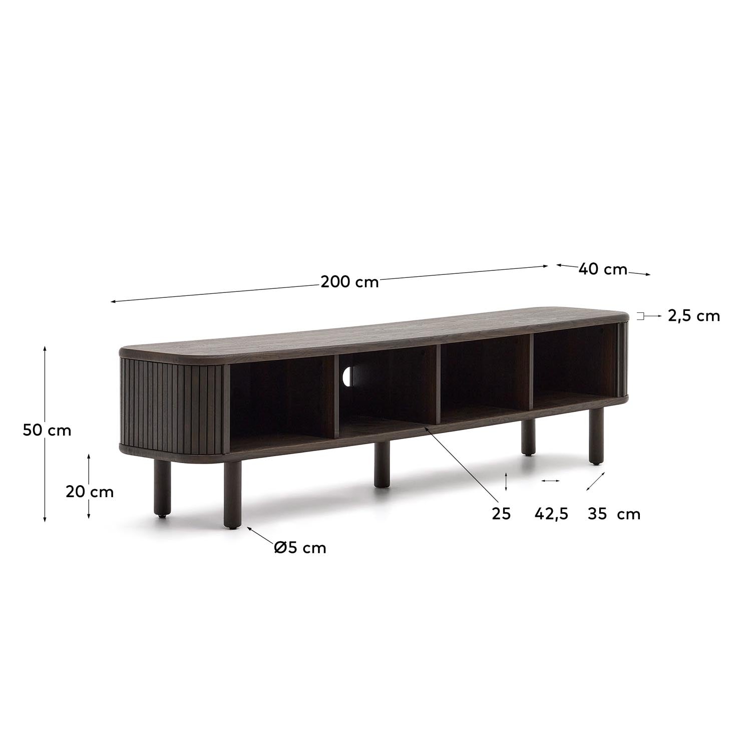 Modernes TV-Möbel in dunklem Eschenfurnier, 200 x 50 cm, mit praktischen Schiebetüren. Ideal für stilvolle Wohnzimmergestaltung.