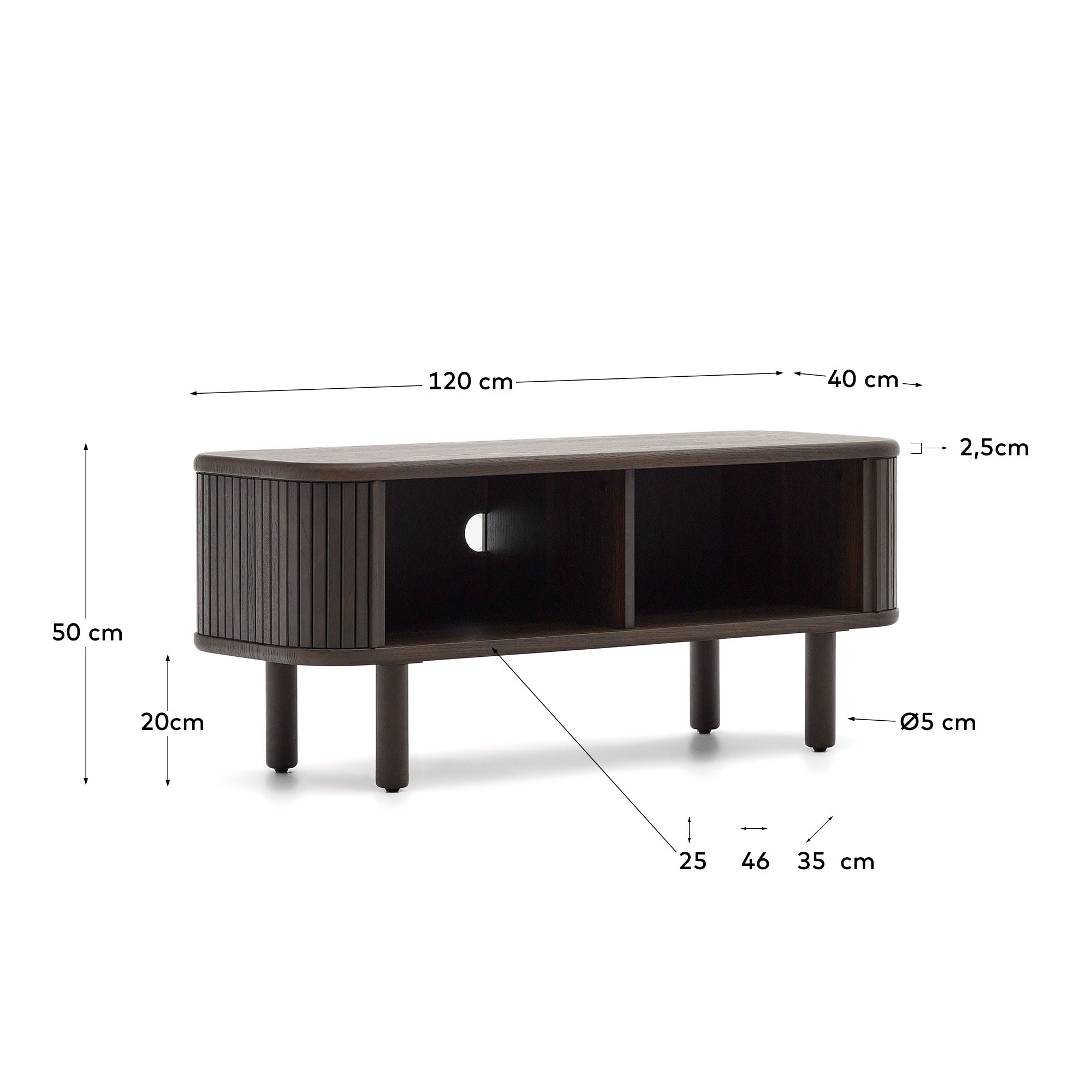 Modernes TV-Möbel in dunklem Eschenfurnier, 120 x 50 cm. Praktische Schiebetüren bieten eleganten Stauraum für Ihr Zuhause.