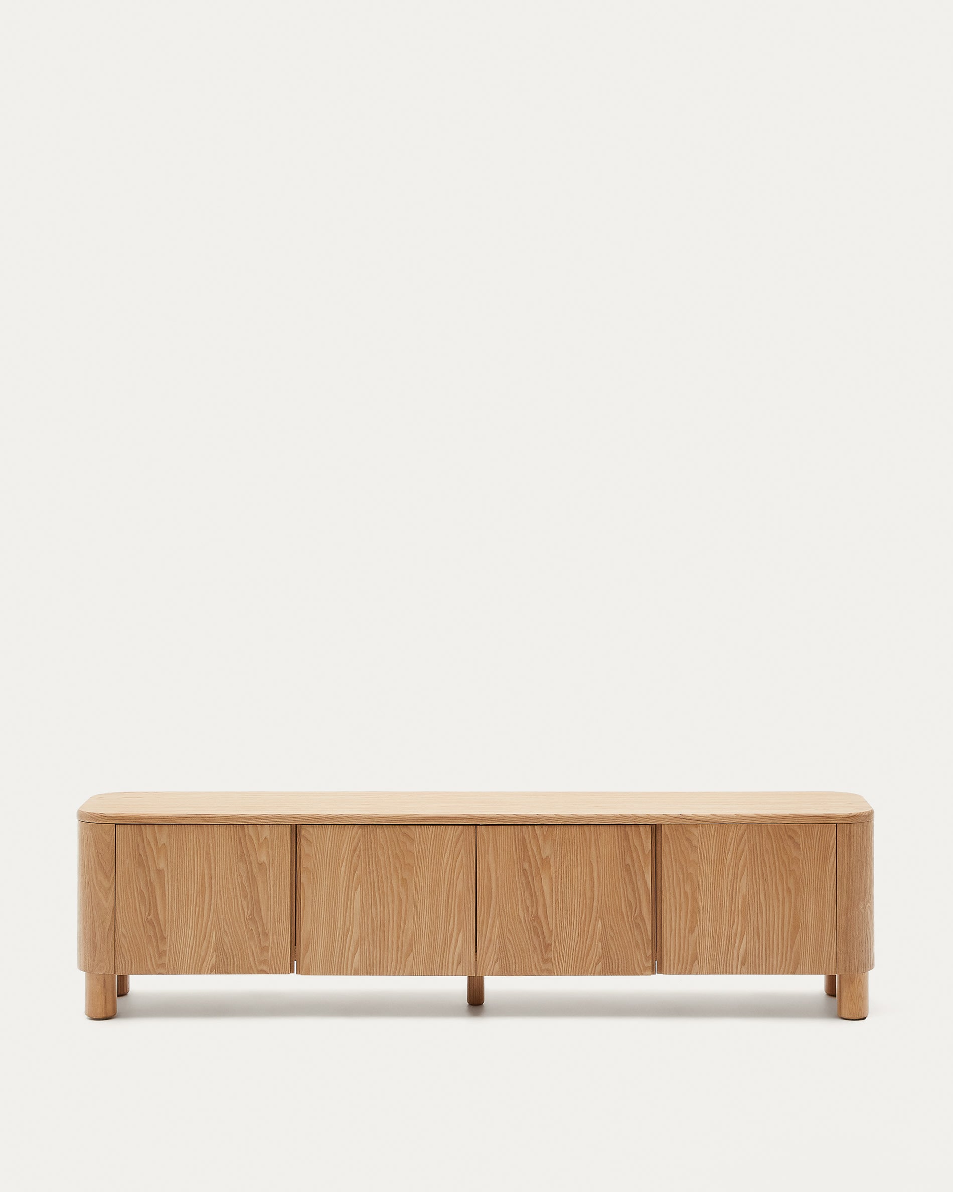3D-Modell des eleganten Salaya TV-Möbels aus FSC-zertifiziertem Eschenfurnier, 200x52 cm, von Kave Home.
