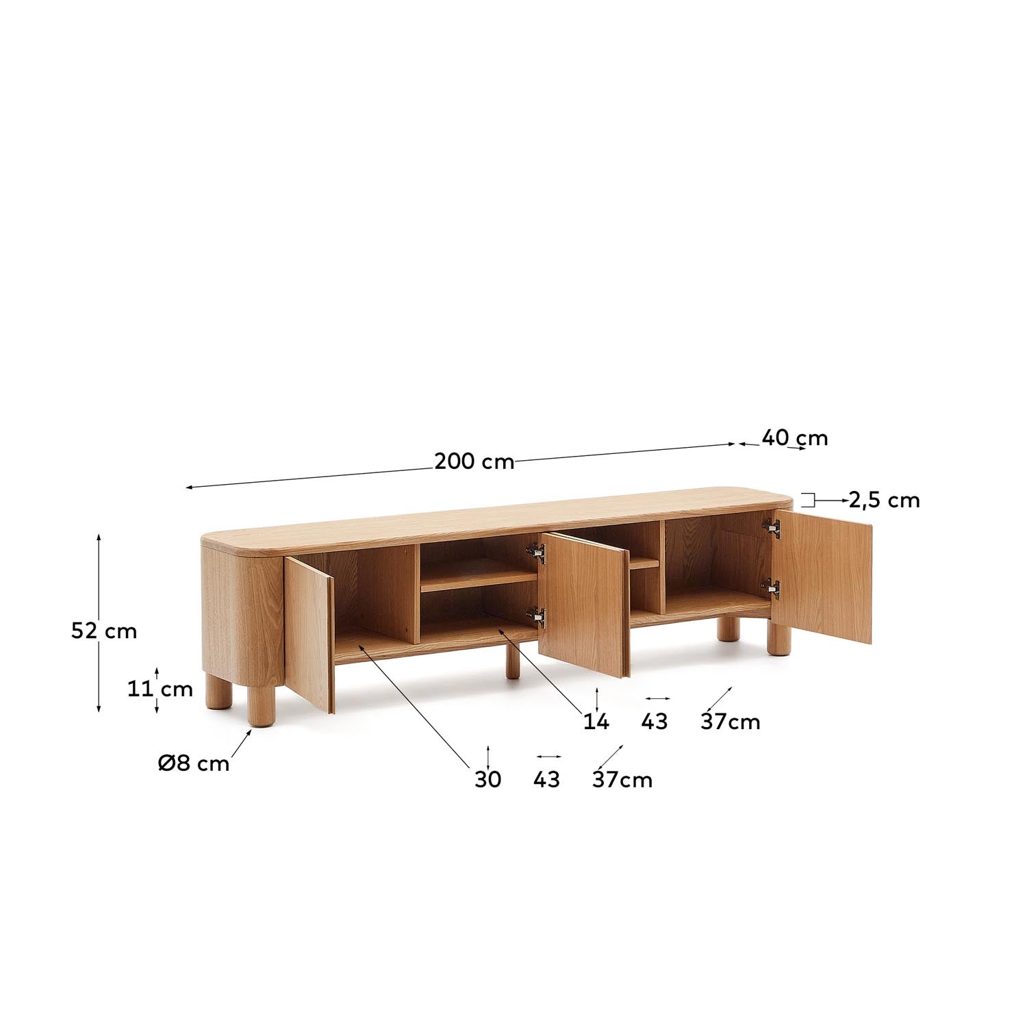 Stilvolles TV-Möbel aus nachhaltigem Eschenfurnier, 200 x 52 cm, ideal für modernes Wohnen und vielseitige Einrichtung.