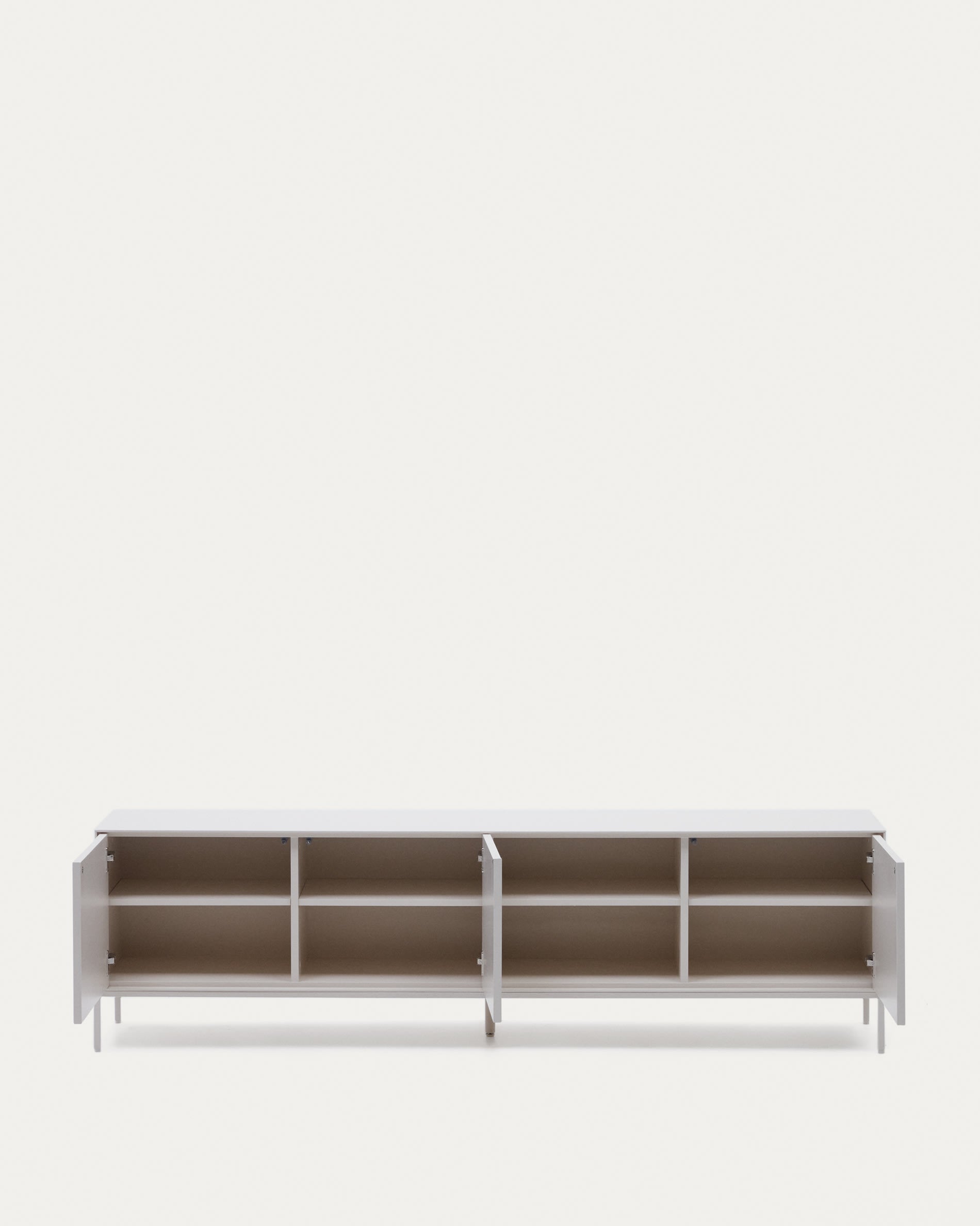 Moderner Vedrana TV-Schrank von Kave Home, 195x55 cm, weiss lackiert, mit 3 Türen, aus hochwertigem MDF gefertigt.