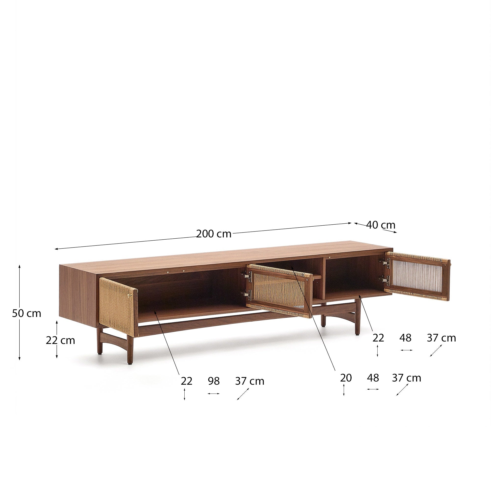 Elegantes TV-Möbel Elan aus Walnussholz mit 3 Türen, FSC-zertifiziert, 200x50 cm, stilvoll und nachhaltig von Kave Home.