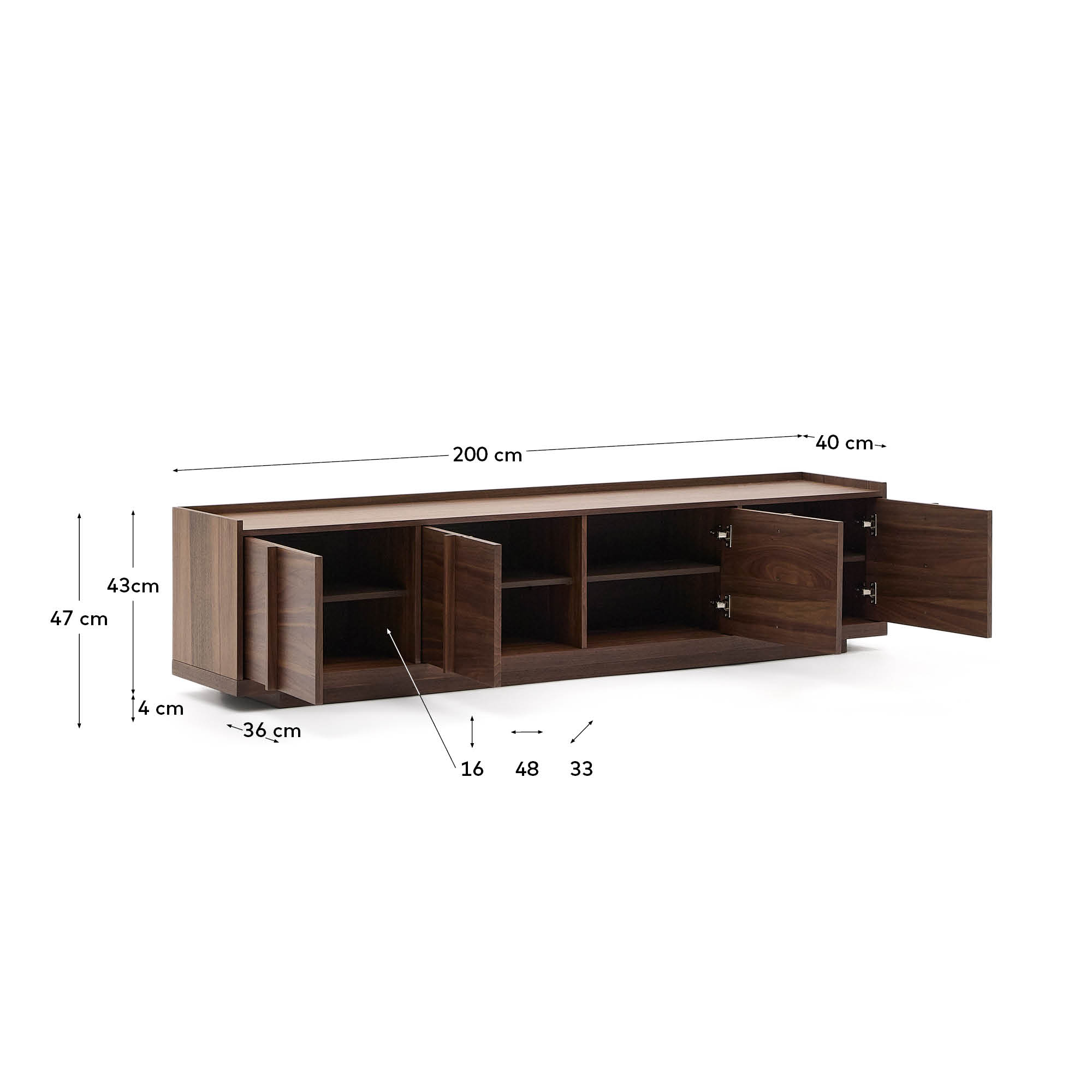 Elegantes TV-Möbel Onix aus FSC-zertifiziertem Walnussfurnier, 200 x 45 cm. Ideal für modernes Wohnen mit warmem, einladendem Design.