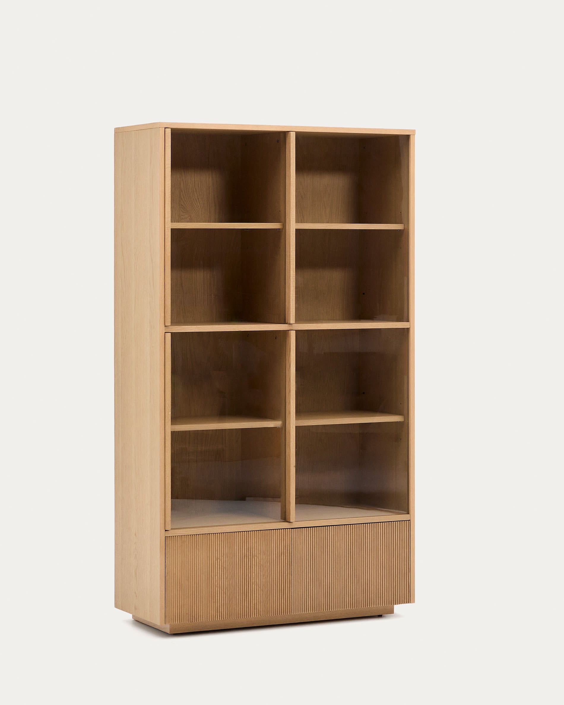 Stilvolle Vitrine aus FSC-zertifiziertem Eichenfurnier mit gehärtetem Glas, 4 Türen und 2 Schubladen, 100x174 cm, perfekt für modernes Wohnen.