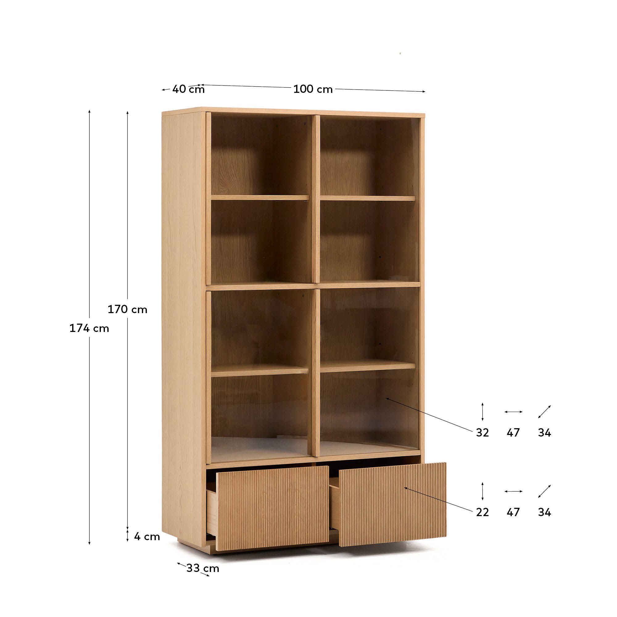Elegante Vitrine aus FSC-zertifiziertem Eichenfurnier mit gehärtetem Glas, 4 Türen, 2 Schubladen, 100x174 cm, ideal für stilvolle Einrichtung.