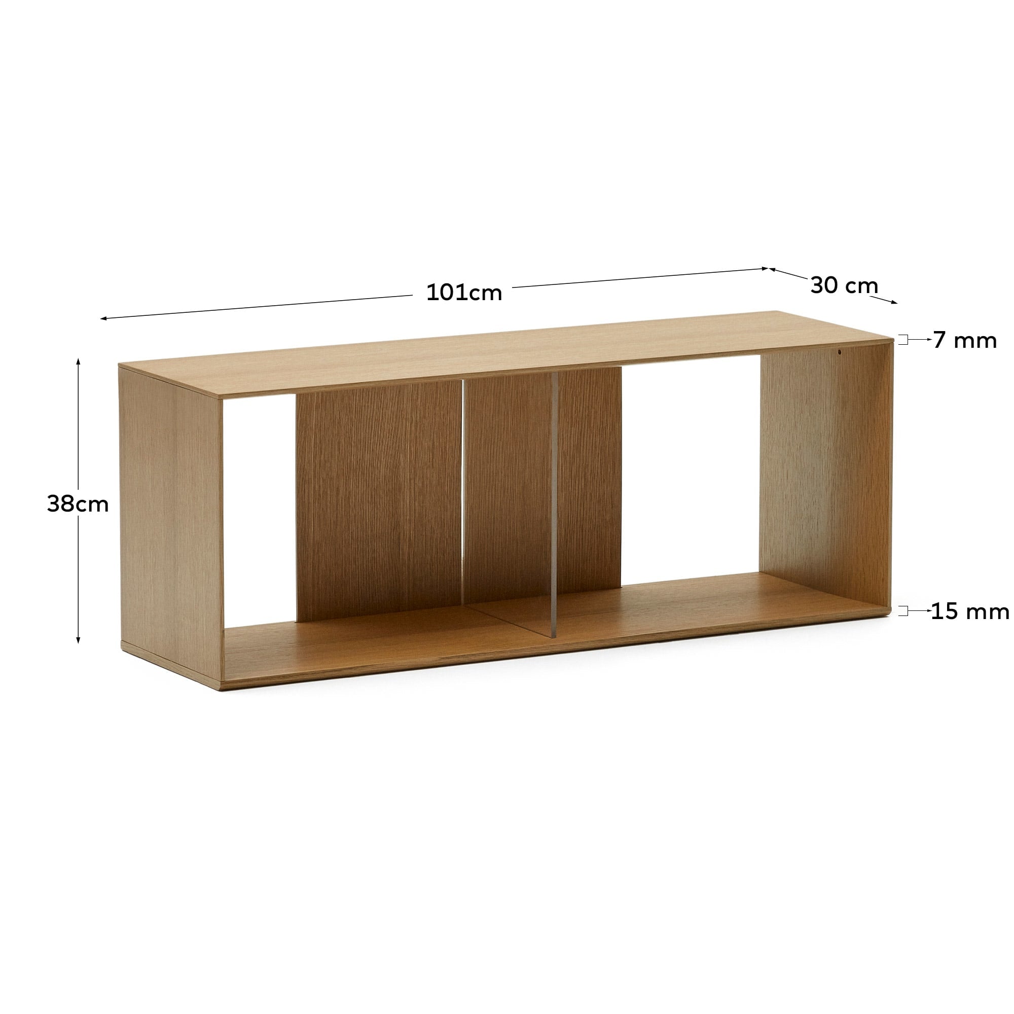 Elegantes Regalmodul aus Eichenfurnier, 101x38 cm, für stilvolle Präsentation und flexible Raumgestaltung.