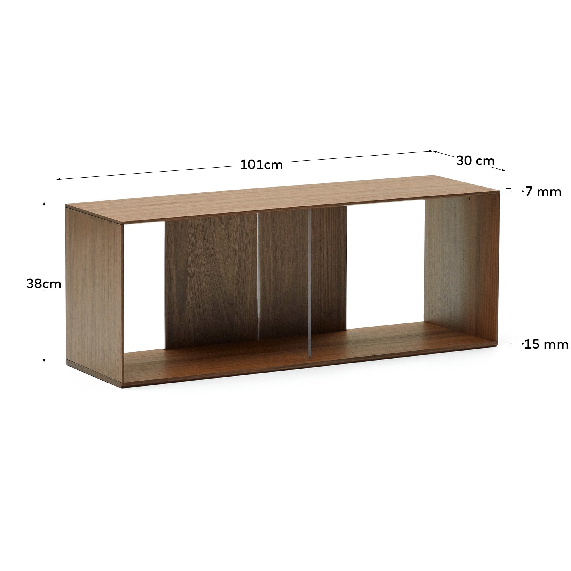 Elegantes, modulares Regalset aus Nussholzfurnier, flexibel anpassbar für stilvolle Raumgestaltung.