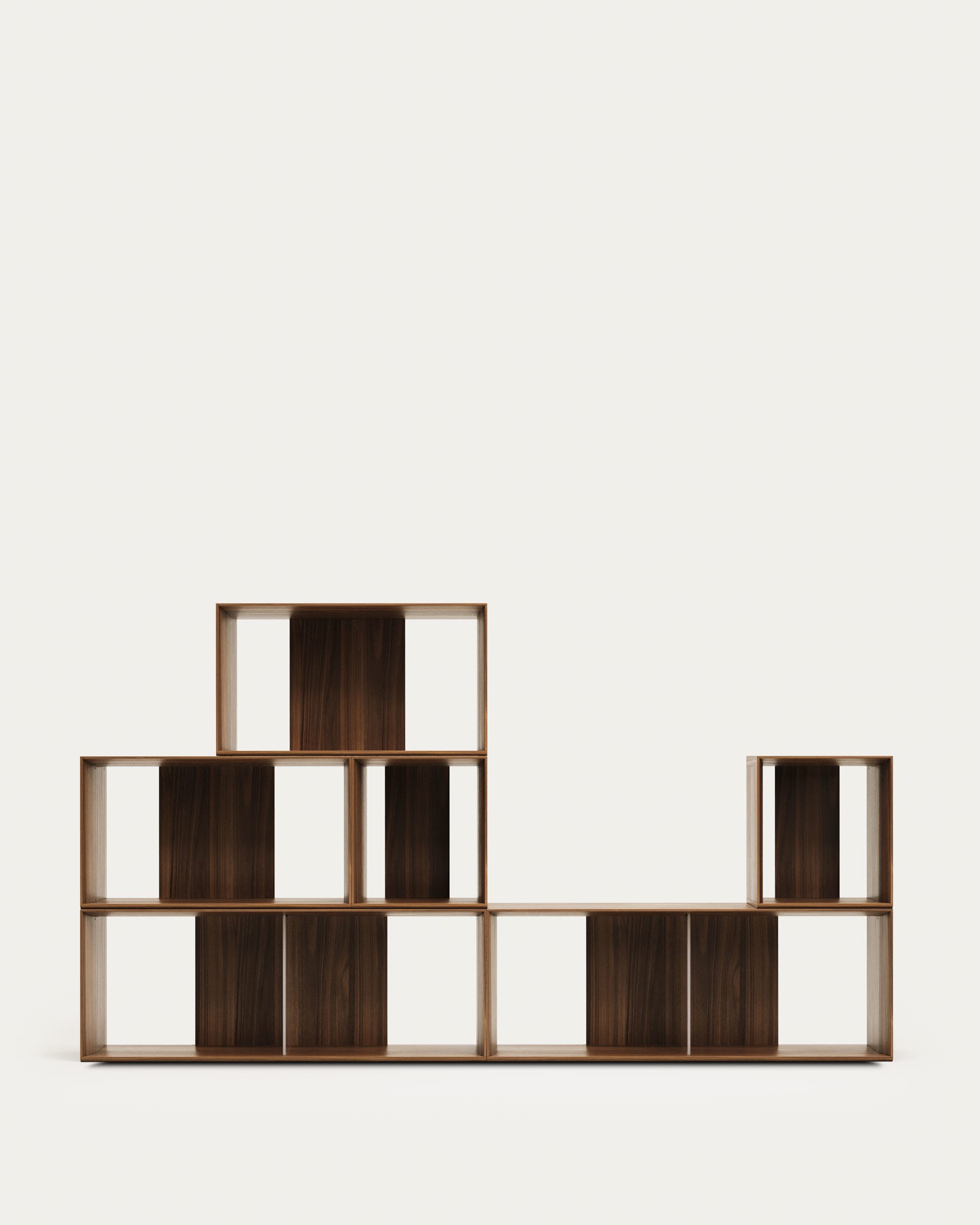 Modulares Regalset aus edlem Nussholzfurnier, 101x152 cm, ideal für stilvolle Aufbewahrung und modernes Wohndesign.