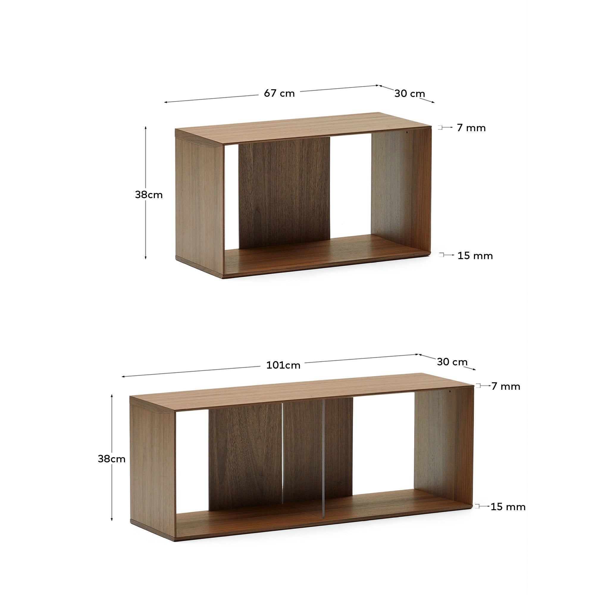 Elegantes, modulares Regalset aus Nussholzfurnier, flexibel gestaltbar, ideal für stilvolle Aufbewahrung und Präsentation.