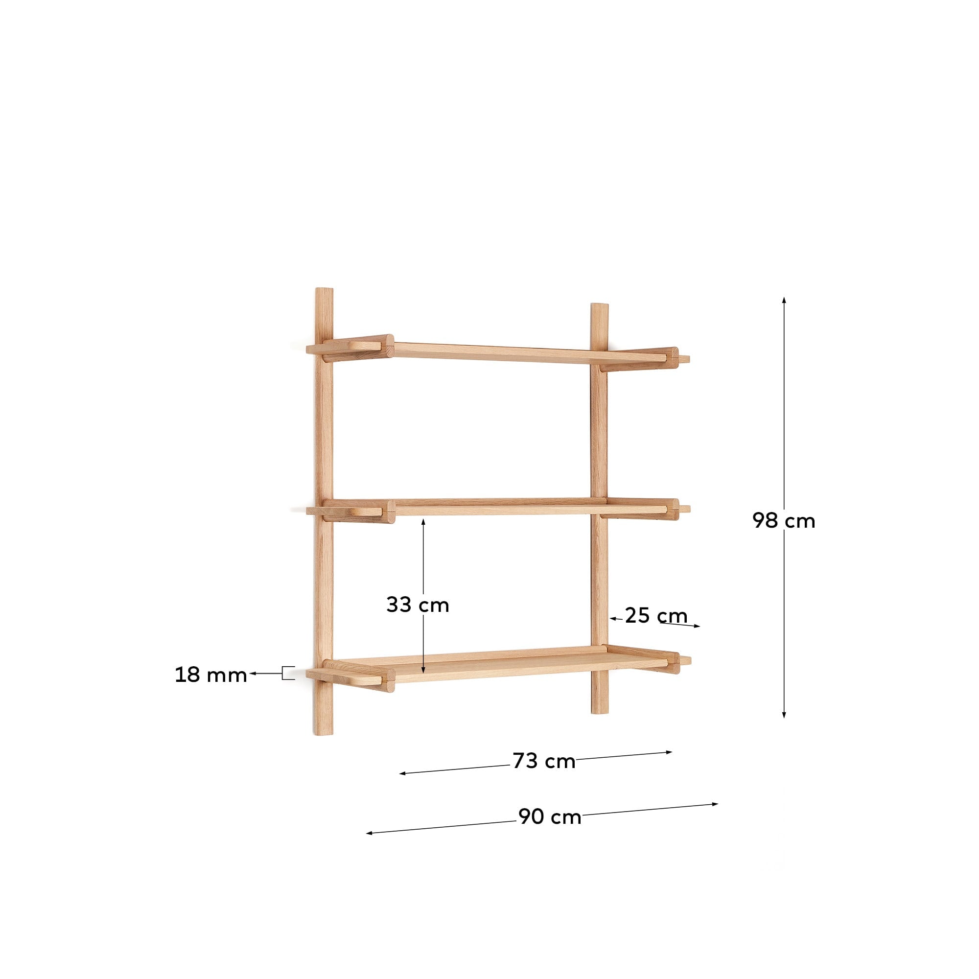 Das Sitra Regal von Kave Home, 90 cm, aus FSC-zertifiziertem Eichenholz, bietet 3 modulare Regalböden mit natürlichem Finish.