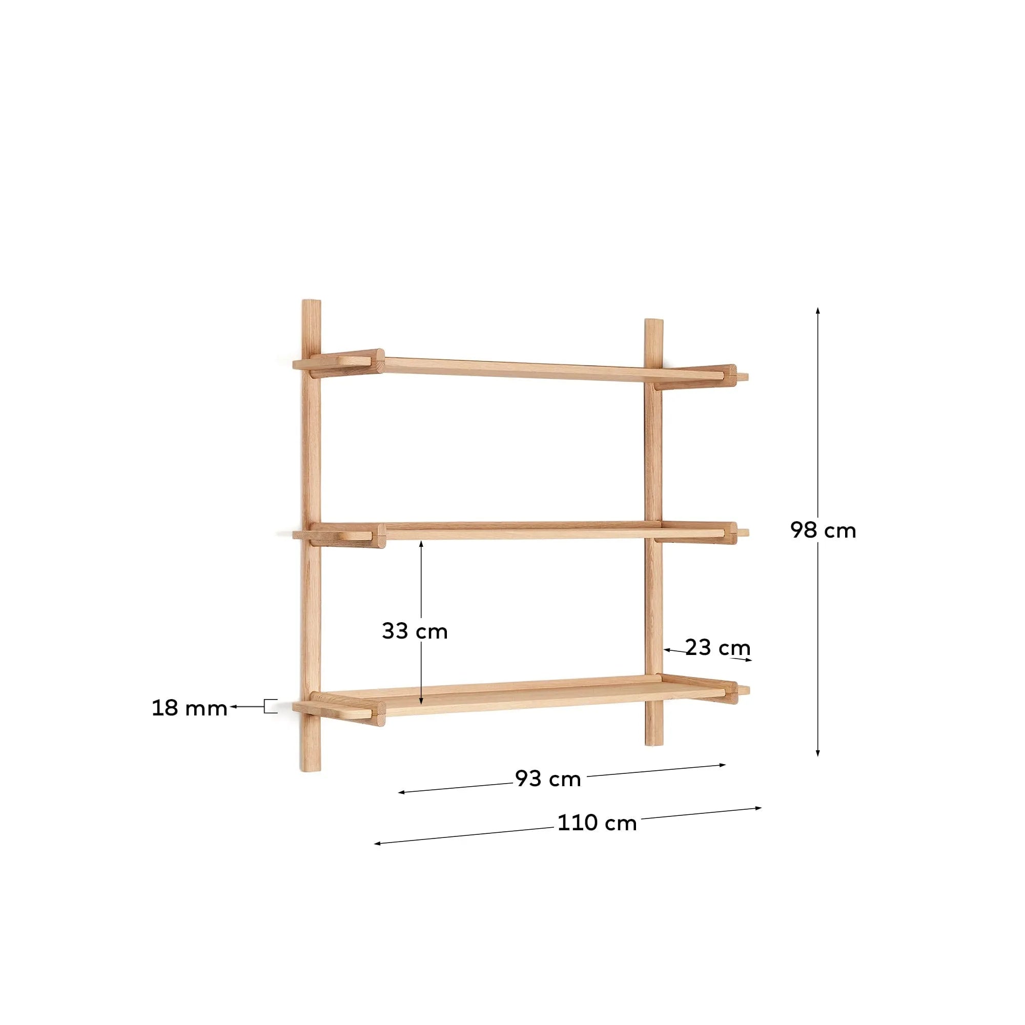 Das Sitra Regal von Kave Home, 110 cm breit, aus FSC-zertifiziertem Eichenholz, bietet 3 Regalböden und ein natürliches Finish.