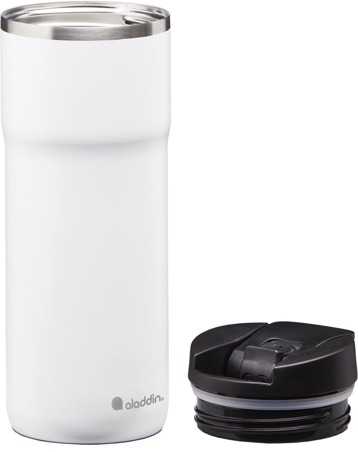 Elegante weiße Thermosflasche von Aladdin mit 0,47L Fassungsvermögen, ideal für heiße und kalte Getränke, perfekt für unterwegs.