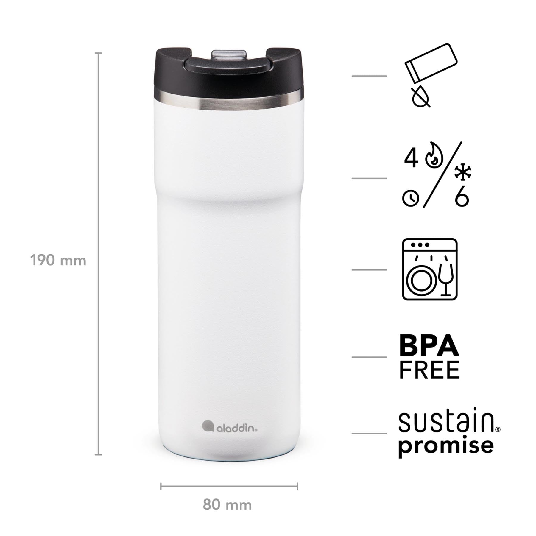 Elegante Aladdin Thermosflasche in schneeweiß, 0,47L, ausgestattet mit innovativer Leak-Lock Technologie für sicheren Transport von Getränken.