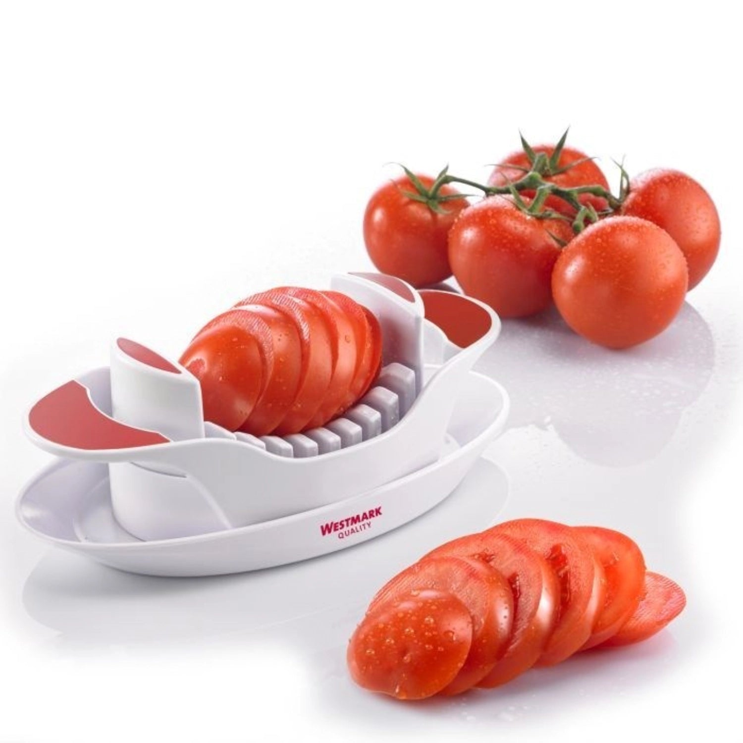 Tomatenschneider mit 8 gezahnten Klingen, ideal für präzises Schneiden von Tomaten und anderen weichen Lebensmitteln, kompakte Größe 21.7x11.5x7.2cm.