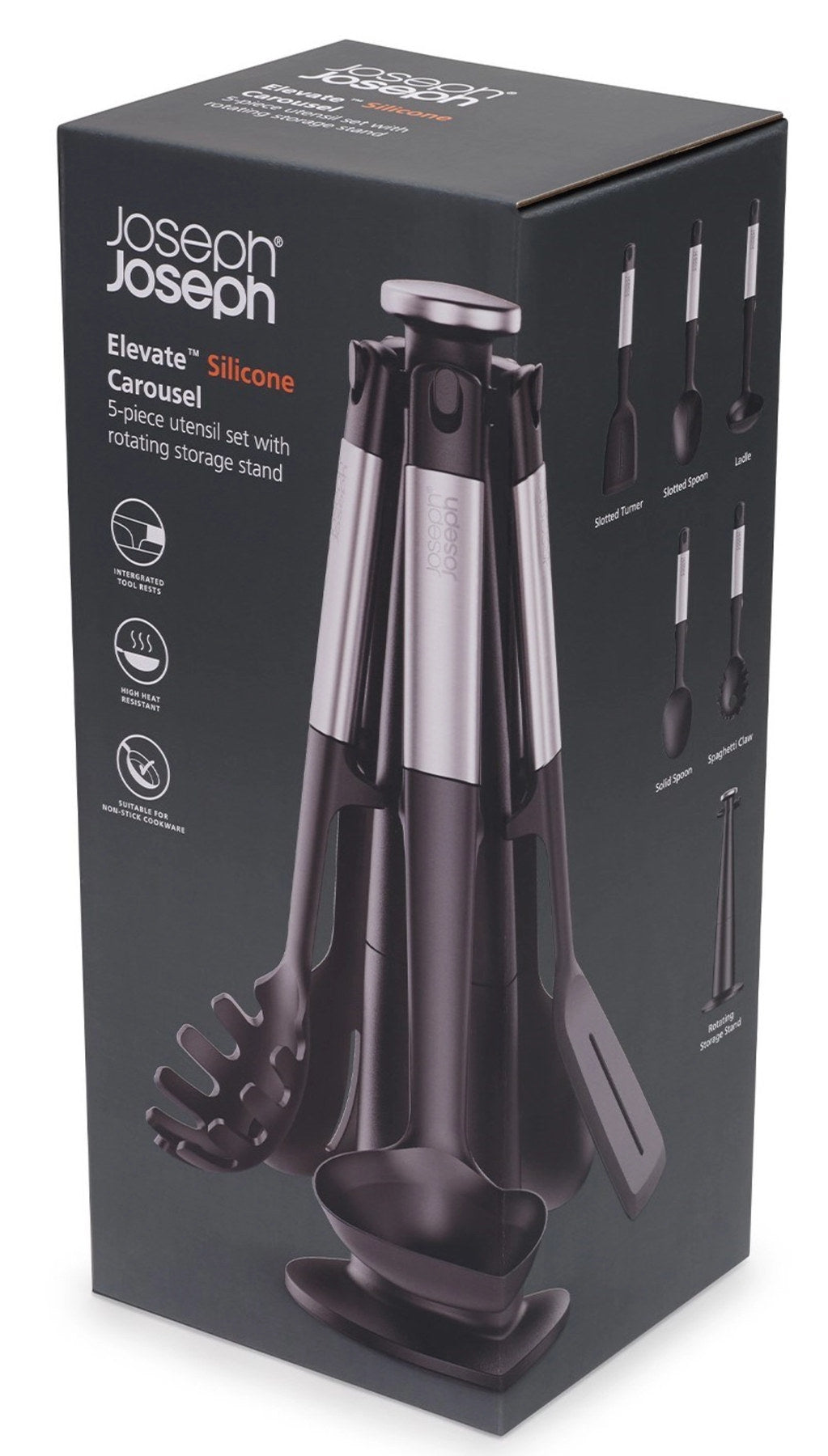 Elevate Karussell 5tlg. Silikon/Stahl in Schwarz präsentiert im Onlineshop von KAQTU Design AG. Kochbesteck ist von Joseph Joseph