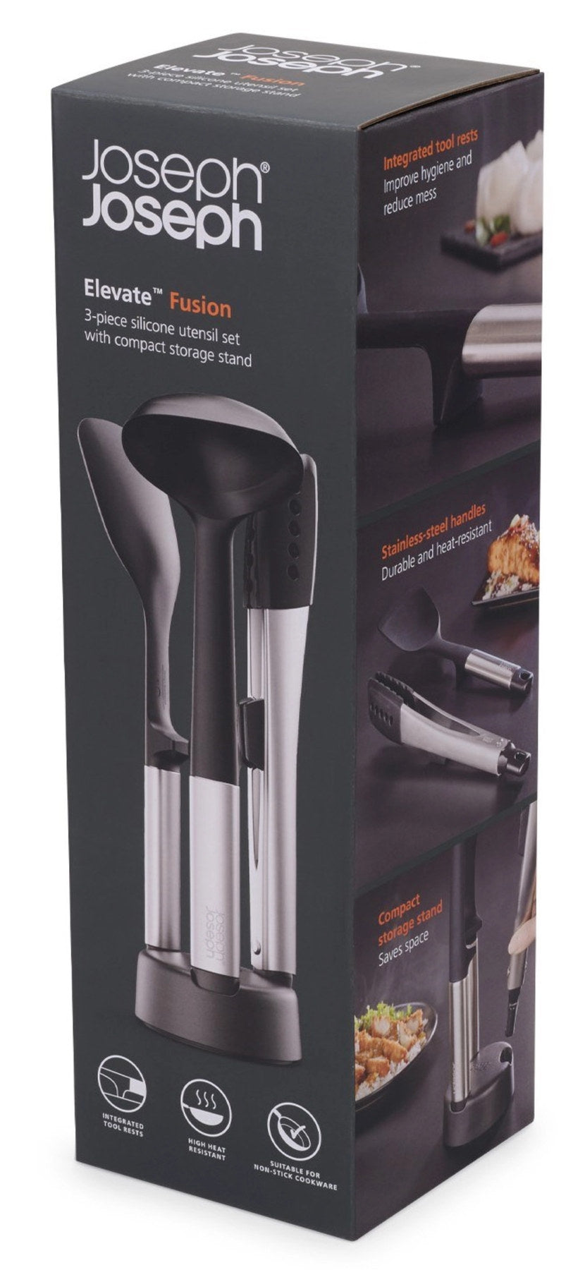 Elevate Fusion 3tlg. Silikon-Set mit Ständer in Schwarz präsentiert im Onlineshop von KAQTU Design AG. Kochbesteck ist von Joseph Joseph