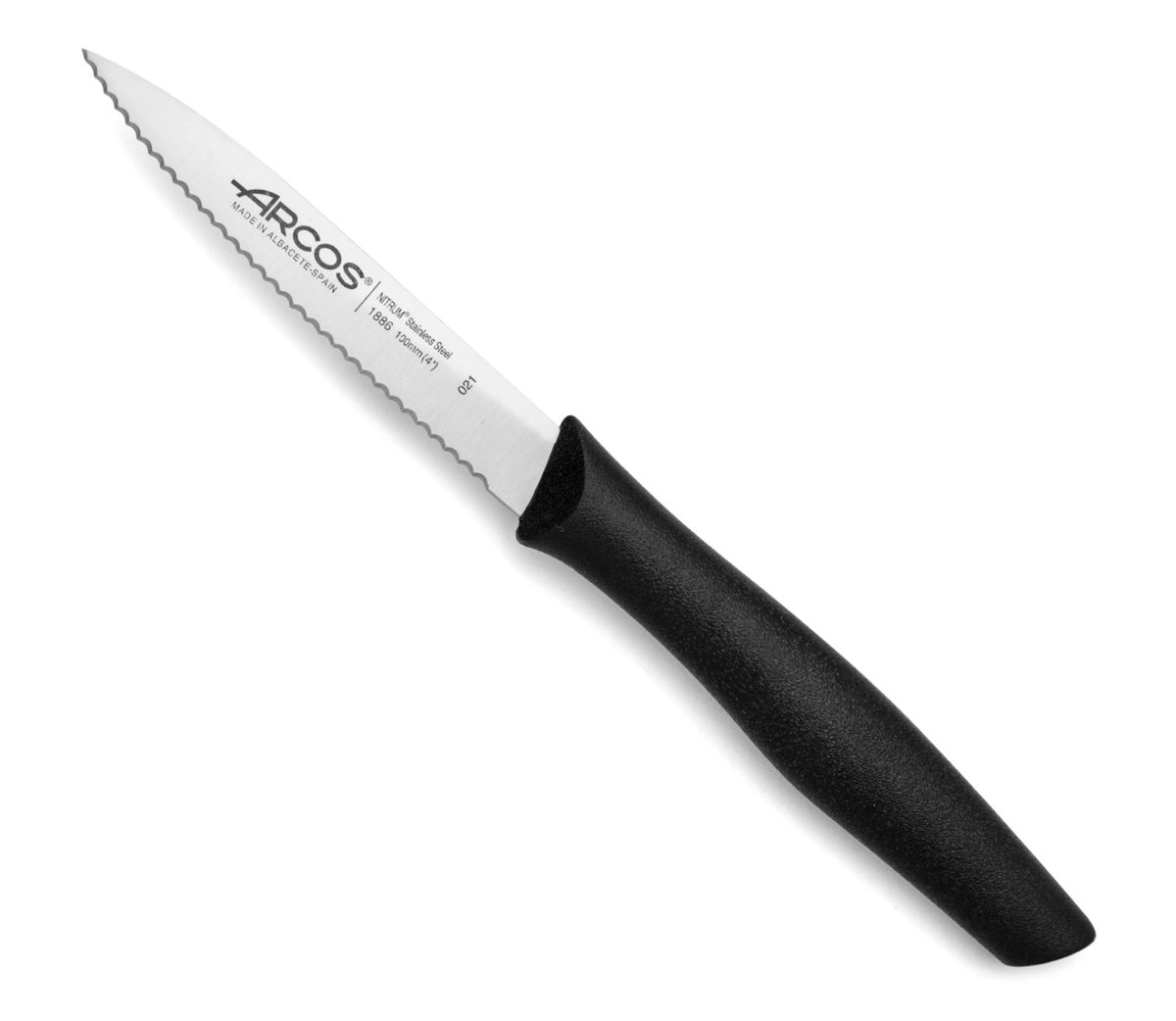 Nova Rüstmesser mit Wellenschliff Klinge 10cm Griff schwarz in Schwarz präsentiert im Onlineshop von KAQTU Design AG. Küchenmesser ist von Arcos