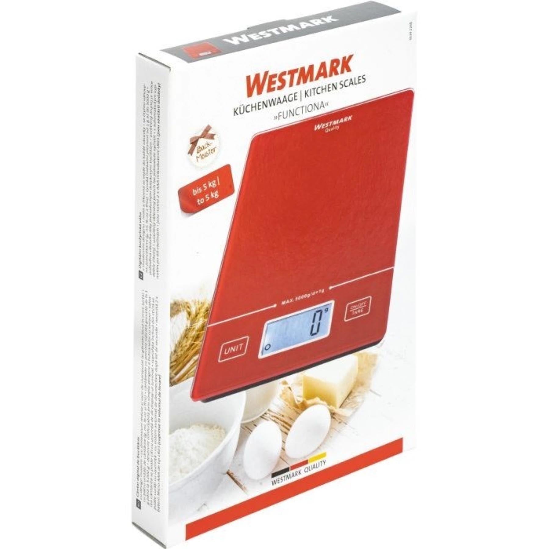 Moderne Küchenwaage Functiona in leuchtendem Rot, ideal für präzises Abwiegen von Zutaten in der Küche, von Westmark.