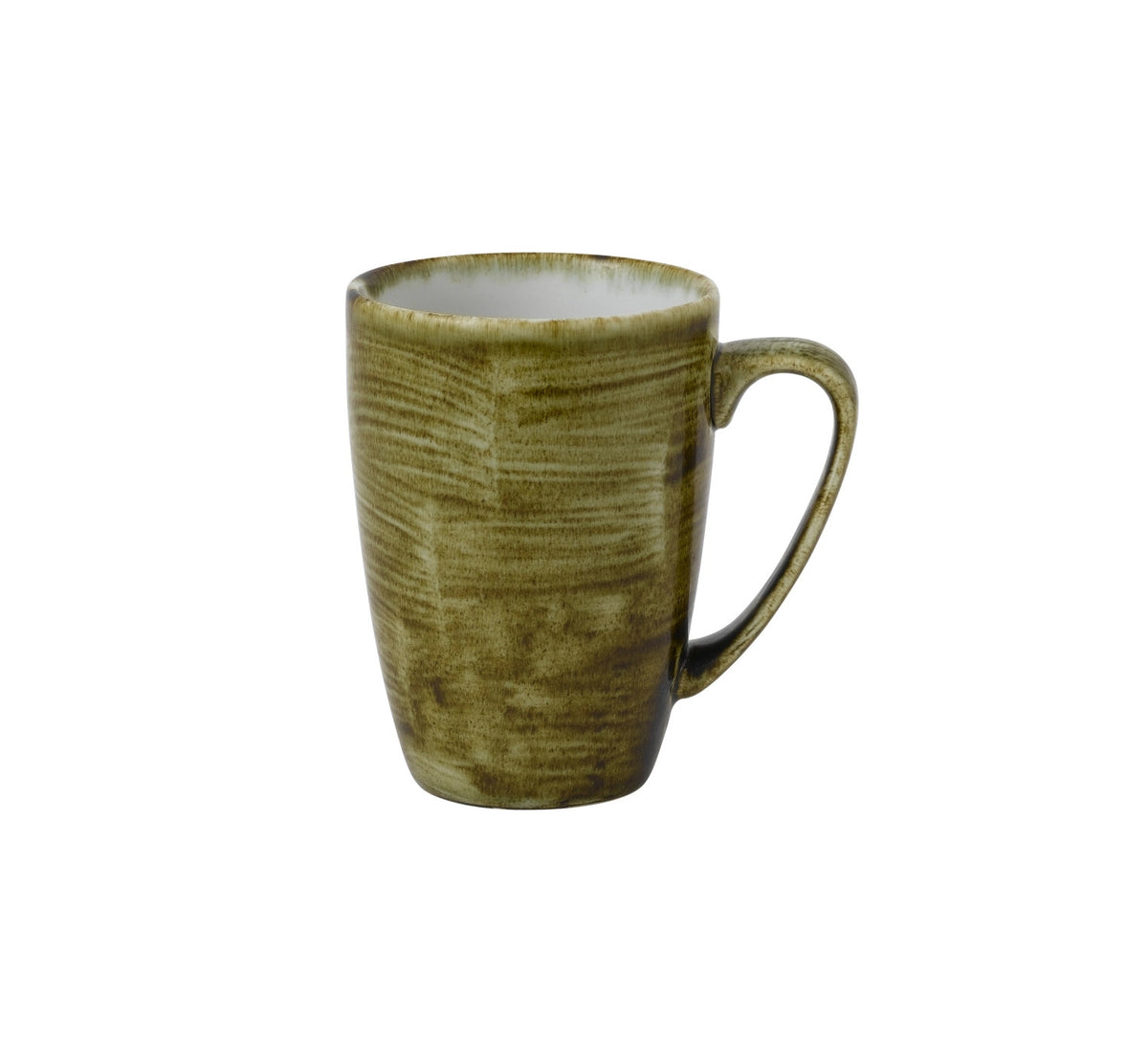 Grüner Keramik-Becher Stonecast Plume Olive von Churchill mit gesprenkeltem Muster und goldbraunem Rand, Volumen 34cl, D 10.6cm x H 11cm
