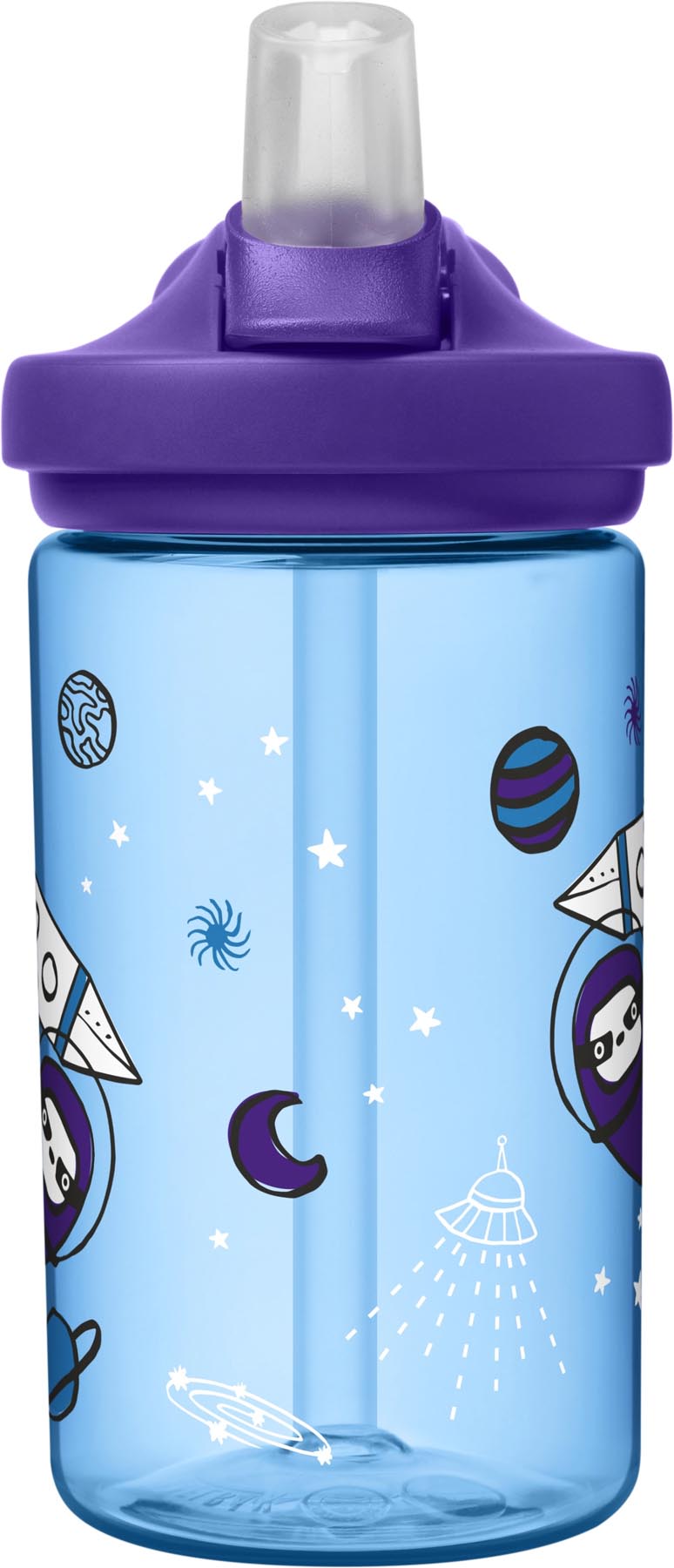 Bunte Eddy+ Kids Trinkflasche 0.4l mit einem niedlichen Faultier im Weltraum-Design, ideal für kleine Abenteurer und umweltfreundlich.