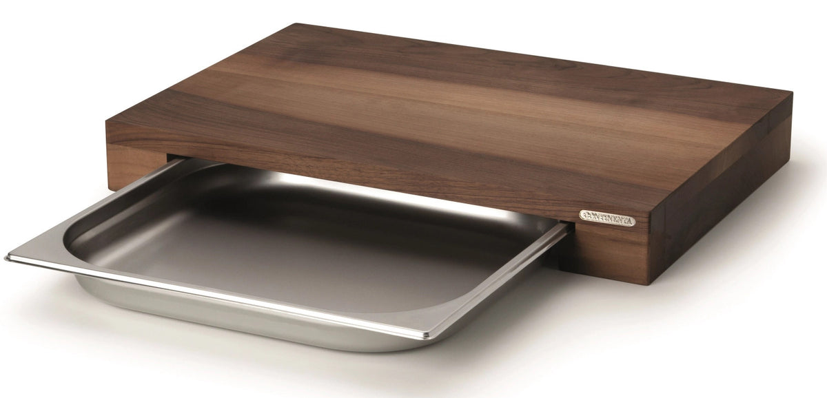 Walnuss Schneidebrett m. Edelstahl Schublade, 48x32.5x6 in Braun präsentiert im Onlineshop von KAQTU Design AG. Schneidbrett ist von Continenta