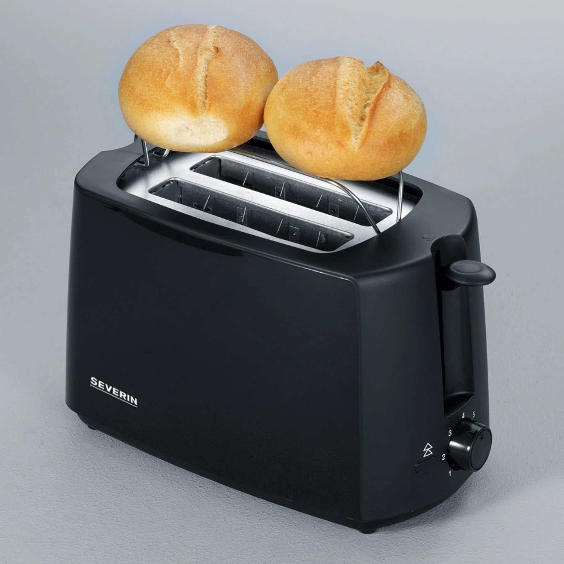 Schwarzer Toaster für 2 Scheiben von Severin, kompakte Maße 19x31x19cm, 700W Leistung, ideal für eine moderne Küche.