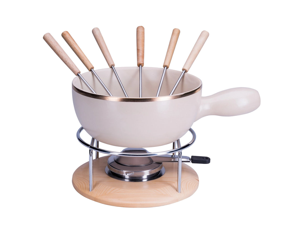 Weisses Fondueset Gold Ring von Nouvel, rundes Käsefondue-Set aus neun Teilen
