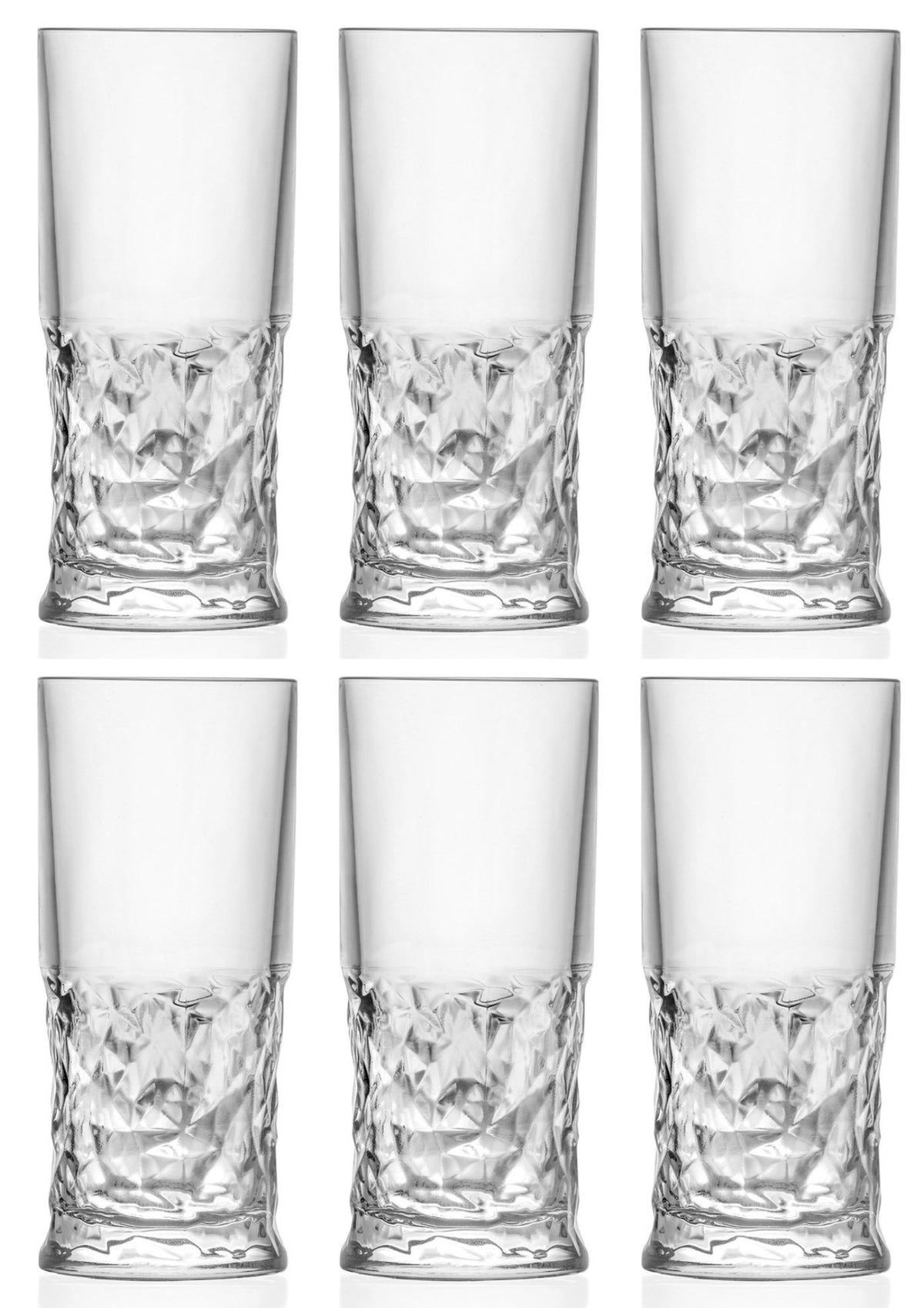 6er Set transparente Trinkgläser aus Glas von RCR, Funky Hb Becher mit Ø7 cm und Höhe 15.5 cm, Fassungsvermögen 35cl, auf hellem Hintergrund.