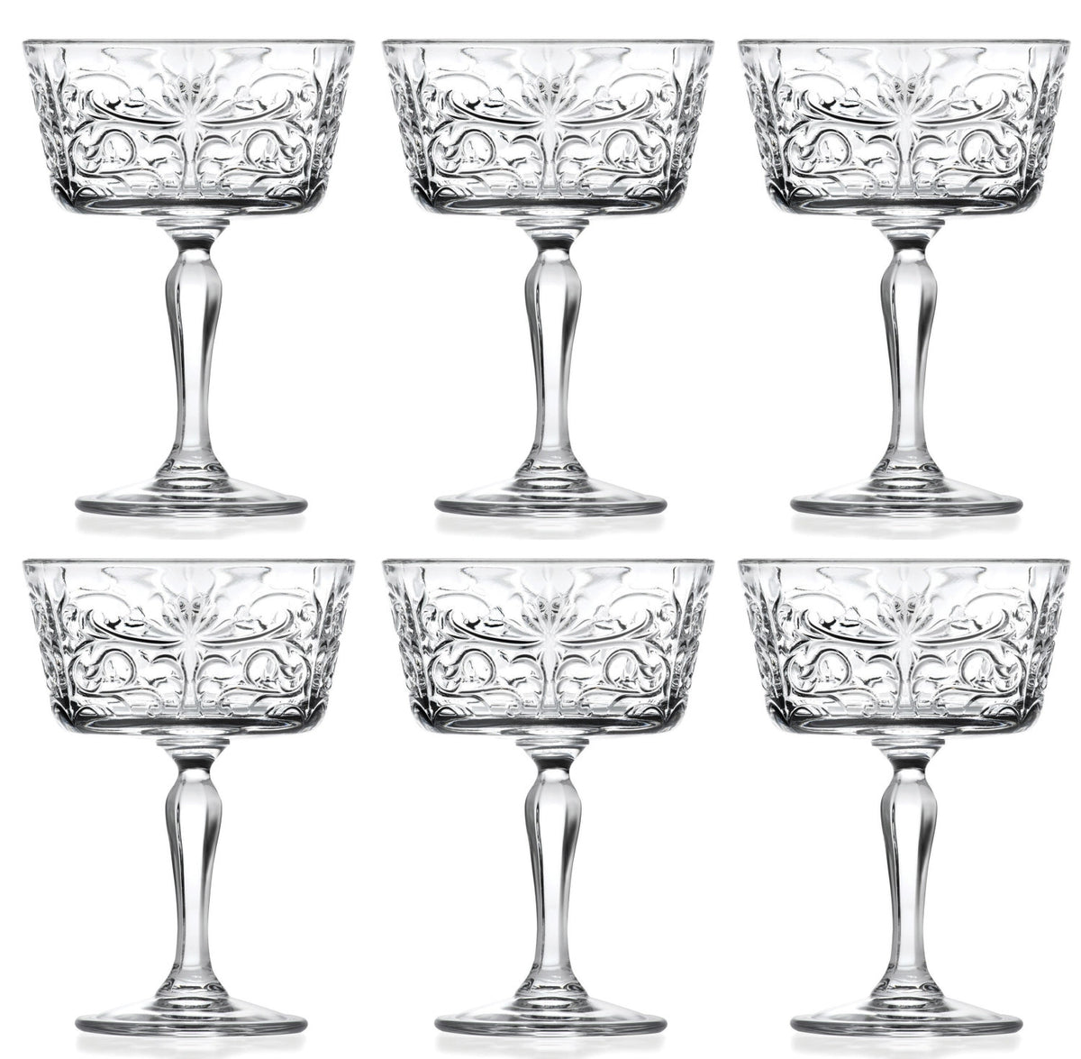 6er Set Champagnerkelche Tattoo Coppe von RCR aus transparentem Glas, schlanke Form, Höhe 14 cm, Durchmesser 10 cm, Fassungsvermögen 27 cl.
