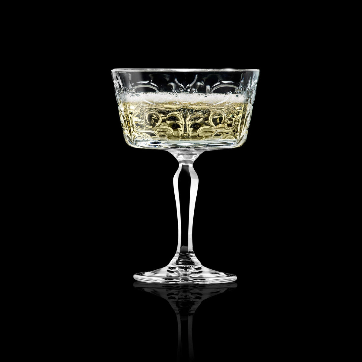 6er Set Champagnerkelche Tattoo Coppe von RCR aus transparentem Glas, schlanke Form, Höhe 14 cm, Durchmesser 10 cm, Fassungsvermögen 27 cl.