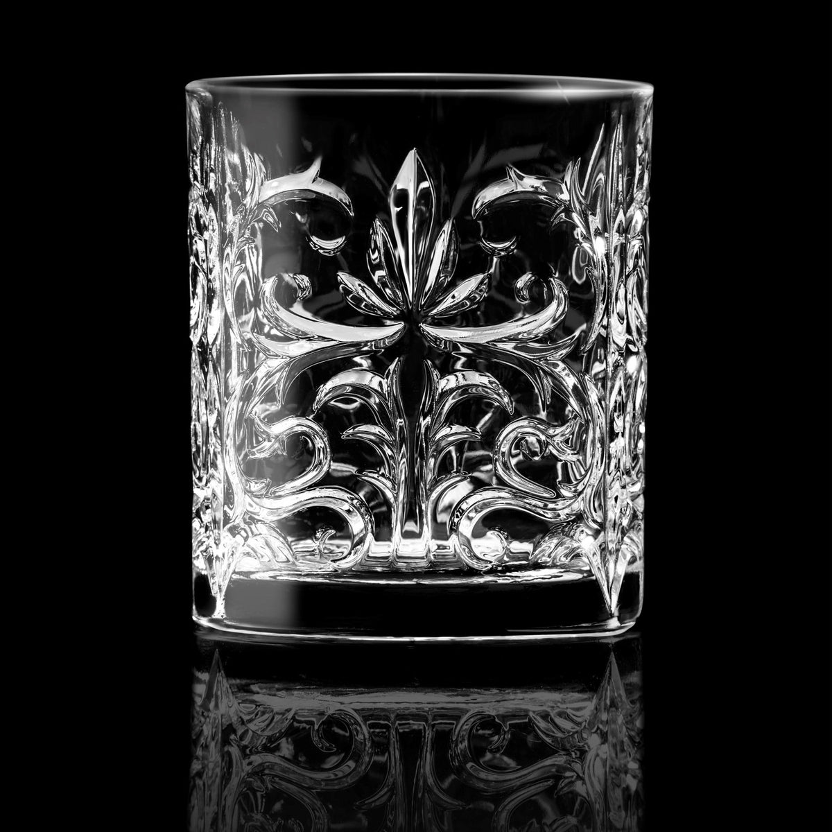 6er Set Tattoo Dof Becher von RCR aus transparentem Glas, zylindrische Form, Ø8.2 cm, Höhe 9.4 cm, Fassungsvermögen 34 cl, auf hellem Hintergrund.