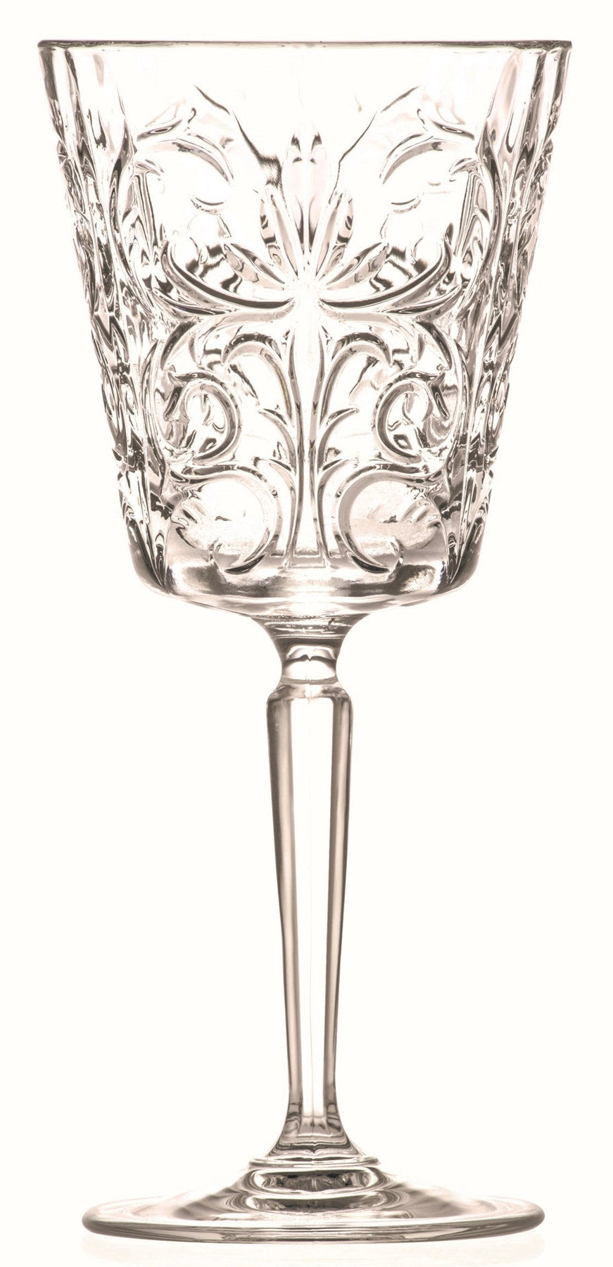 Sechs transparente Weingläser aus Glas der Serie Tattoo von RCR, klassische Kelchform, Höhe 19.4 cm, Durchmesser 8.8 cm, 29 cl Fassungsvermögen.