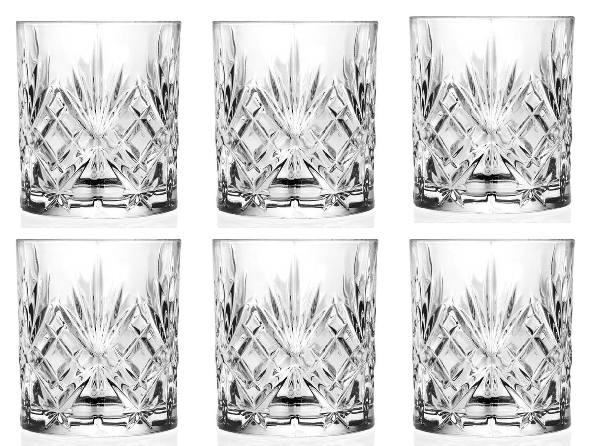6er Set Melodia Dof Tumbler von RCR: transparente Trinkgläser aus Glas mit rundem Boden, Durchmesser 8.2 cm, Höhe 5.2 cm, Volumen 34 cl.